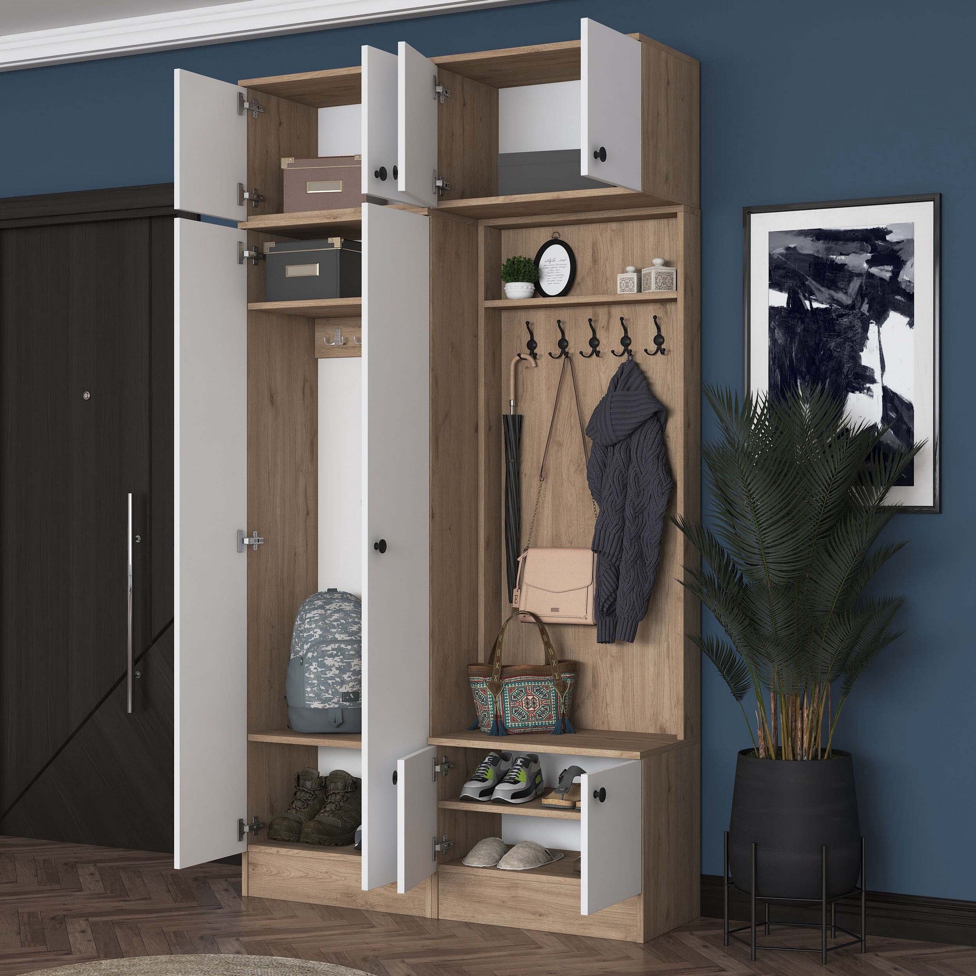 Cabideiro – 119,6 cm x 226,4 cm x 37,5 cm – Nogueira e Branco – Aglomerado com revestimento em melamina