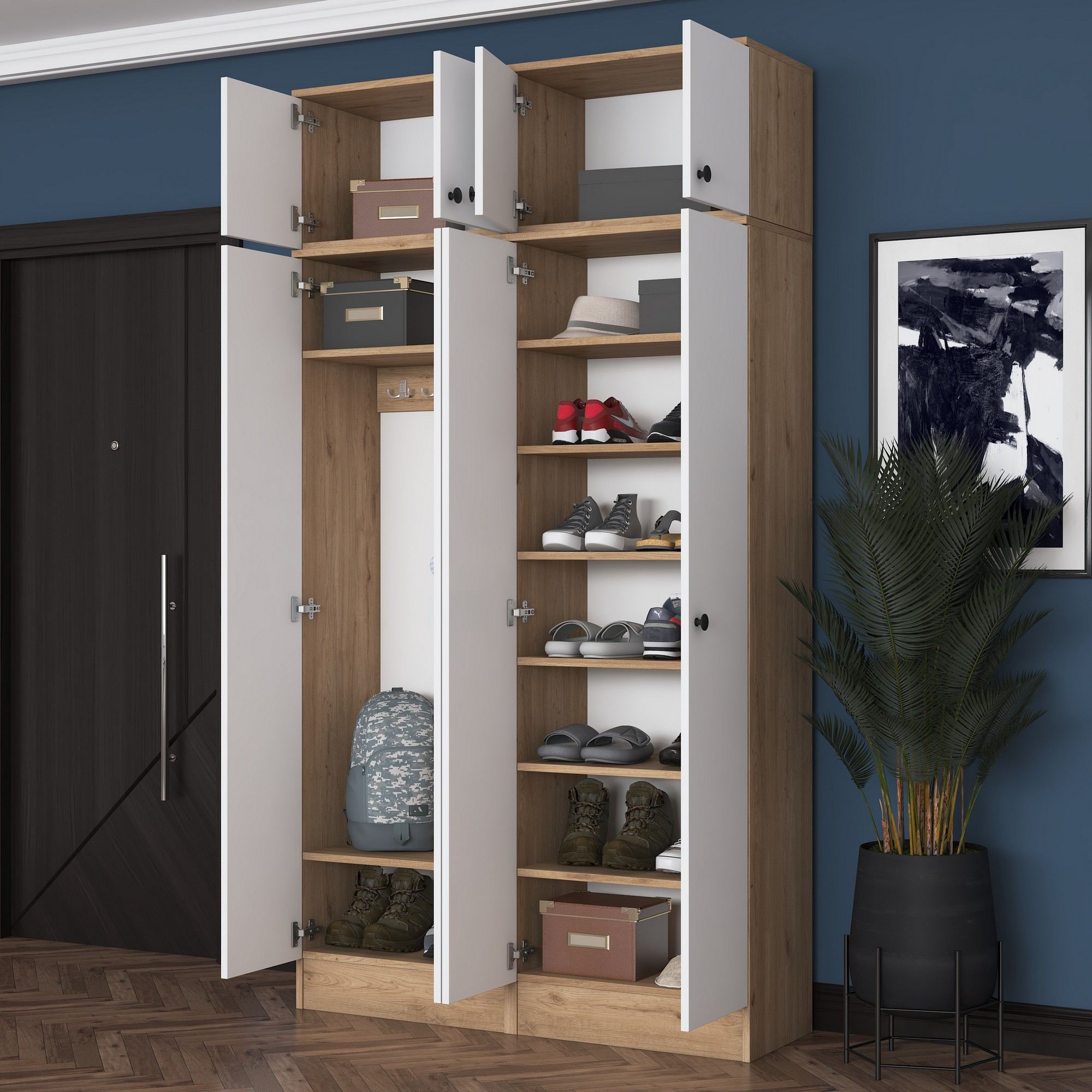 Cabideiro em aglomerado – 119,6 cm x 226,4 cm x 37,5 cm – Nogueira e Branco