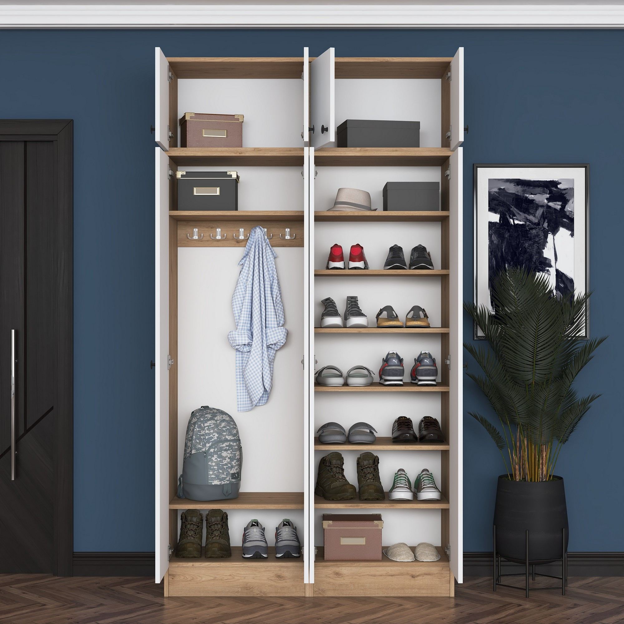 Cabideiro em aglomerado – 119,6 cm x 226,4 cm x 37,5 cm – Nogueira e Branco