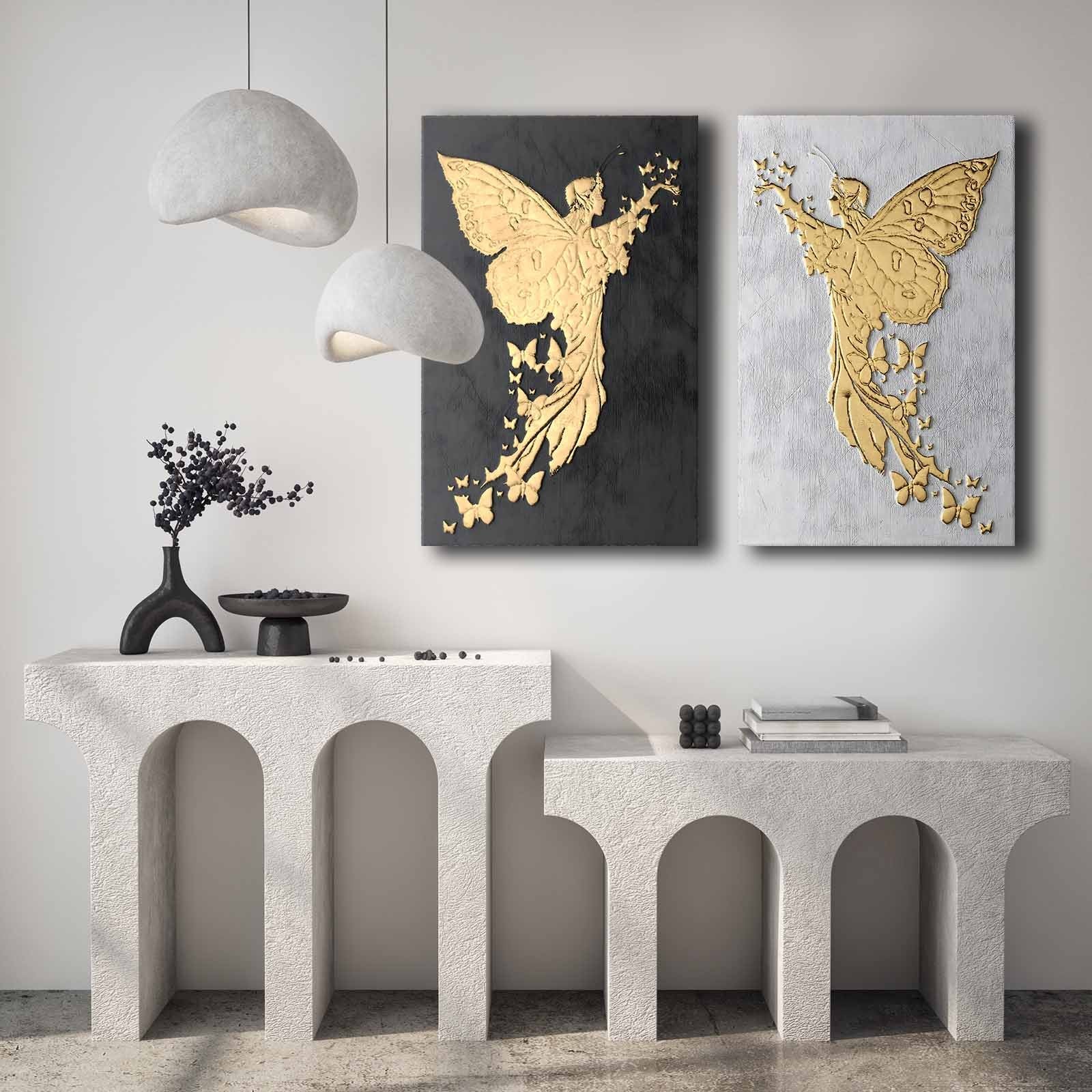 Conjunto de 2 Quadros Decorativos em Tela - Multicolor 45x70cm com Moldura em Pinho