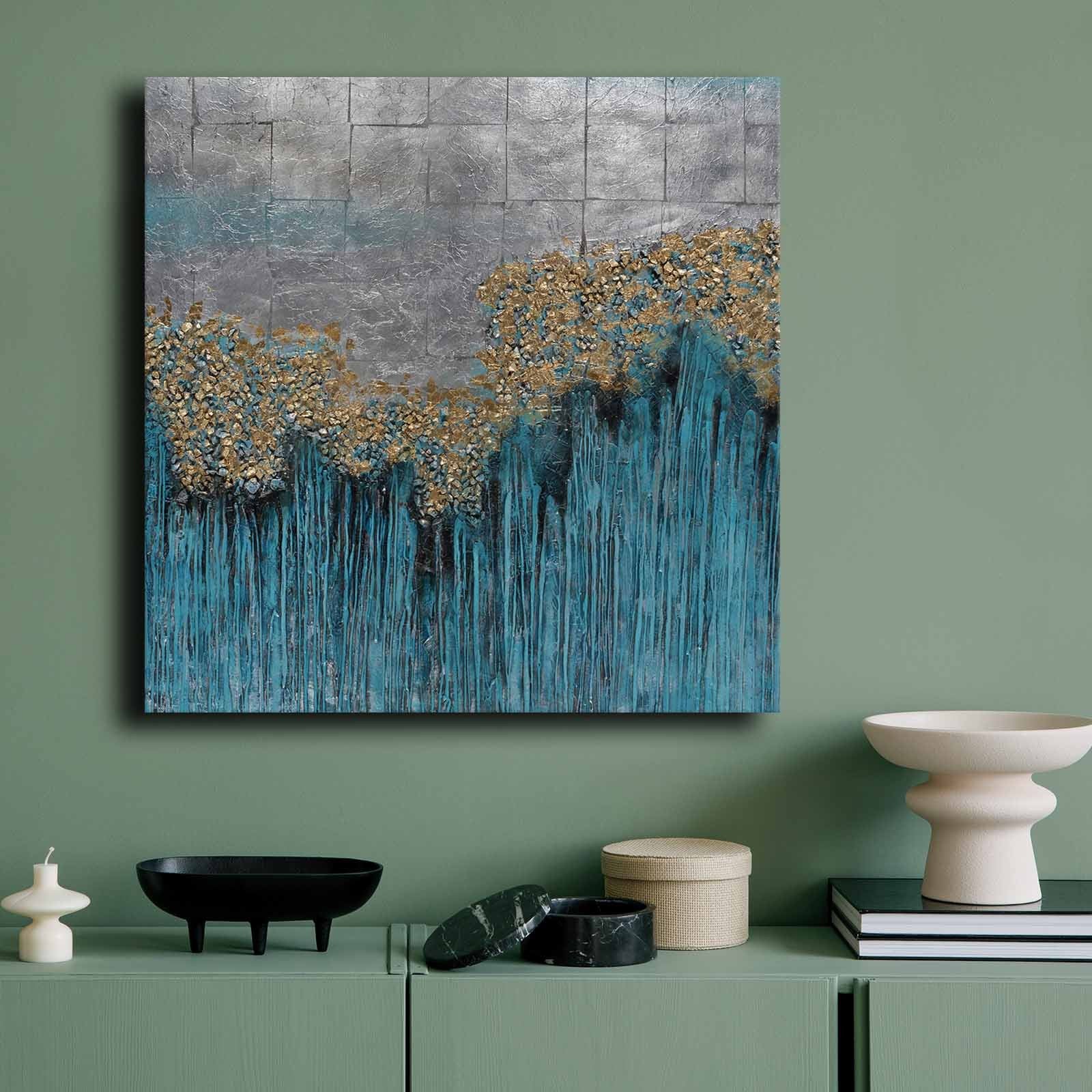 Quadro Decorativo em Tela 70x70cm - Pintura Multicolor em Canvas Premium com Moldura de Pinho Natural