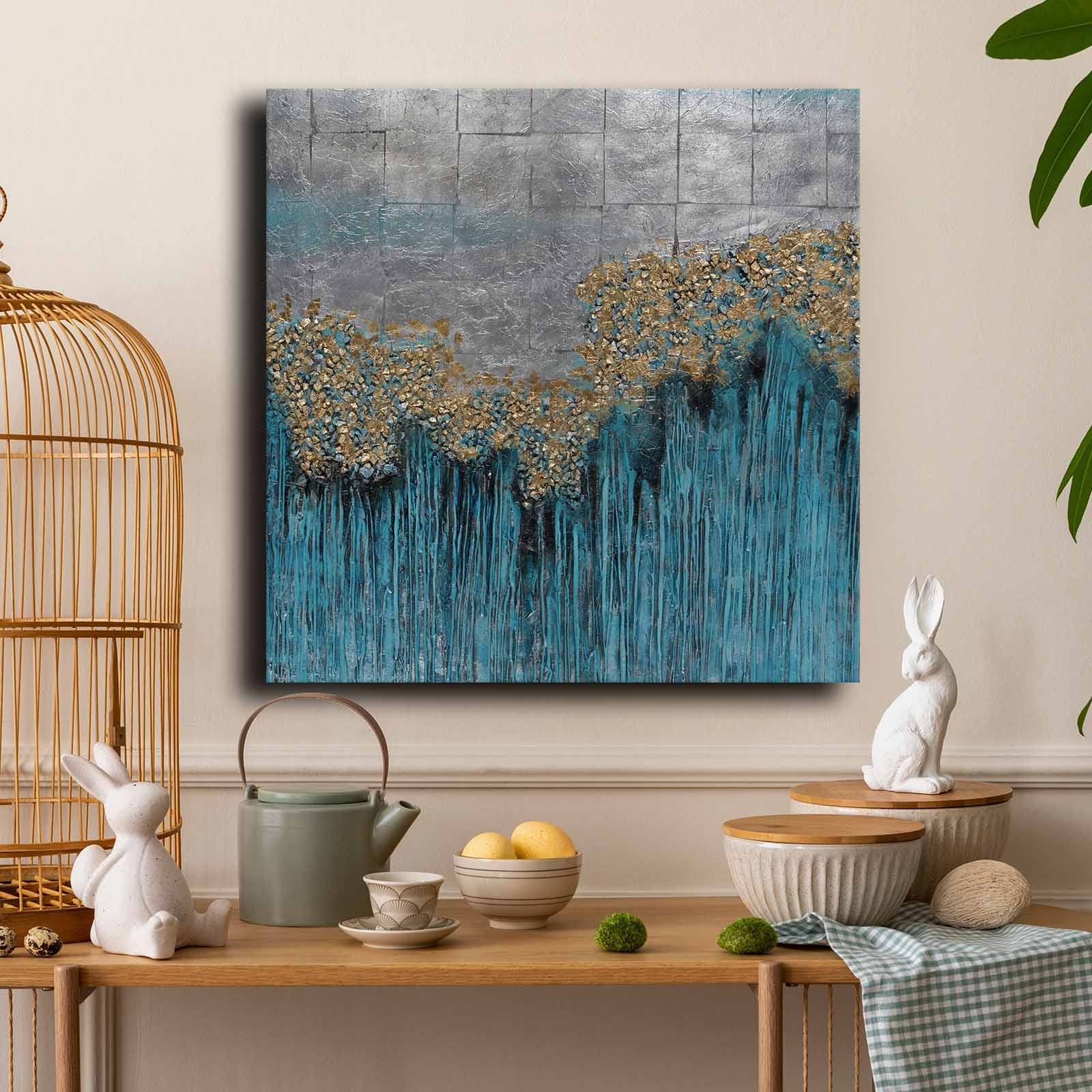 Quadro Decorativo em Tela 70x70cm - Pintura Multicolor em Canvas Premium com Moldura de Pinho Natural