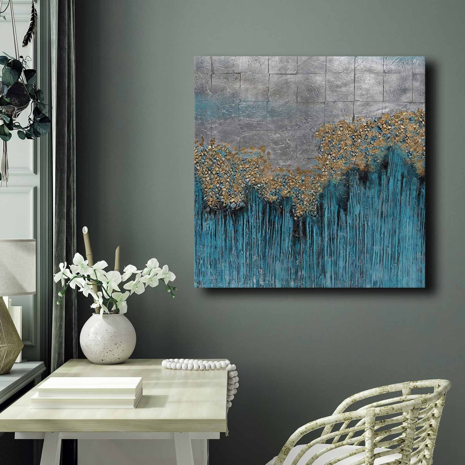 Quadro Decorativo em Tela 70x70cm - Pintura Multicolor em Canvas Premium com Moldura de Pinho Natural