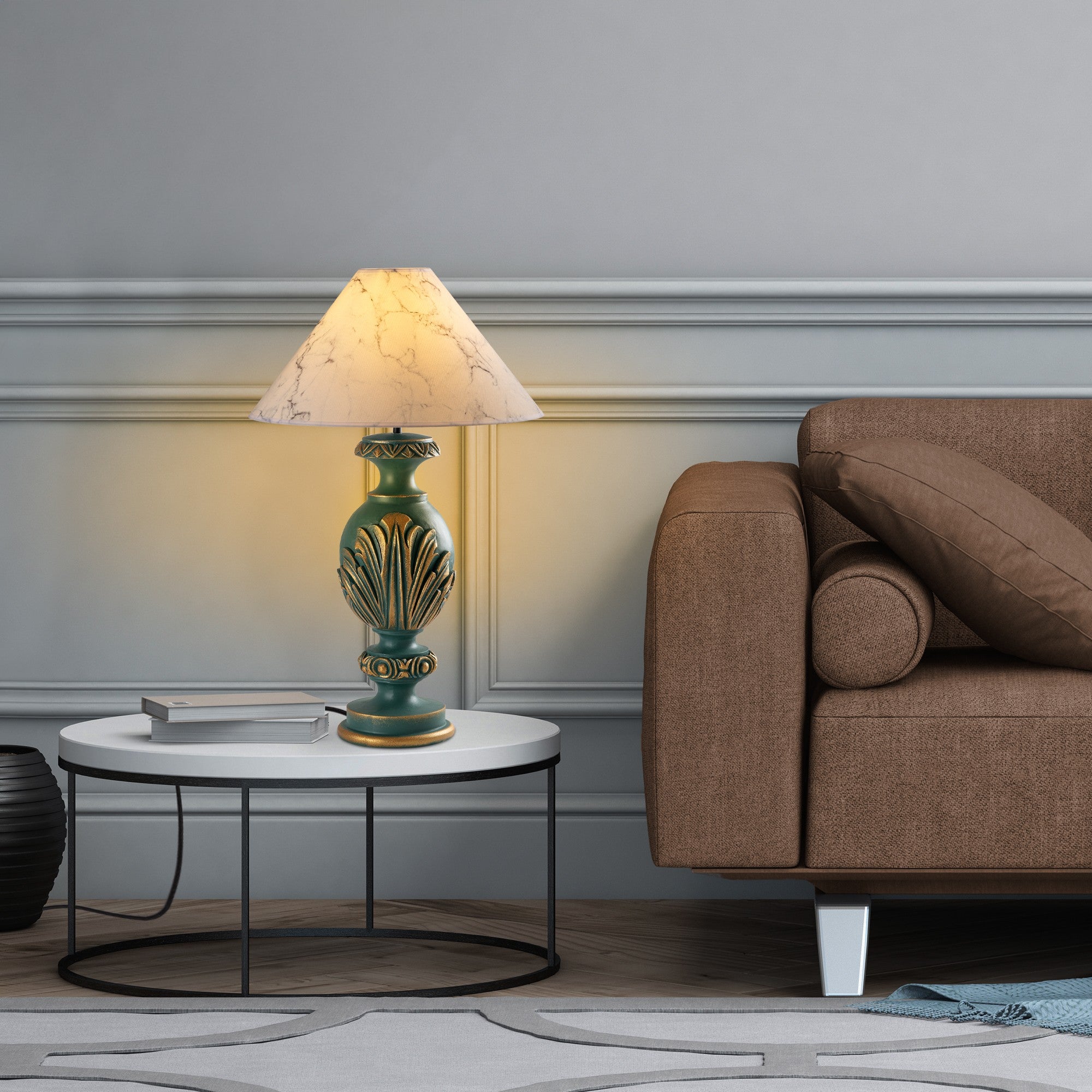 Candeeiro de Mesa – 50 x 50 x 74 cm – Verde e Branco – Tecido de Poliéster