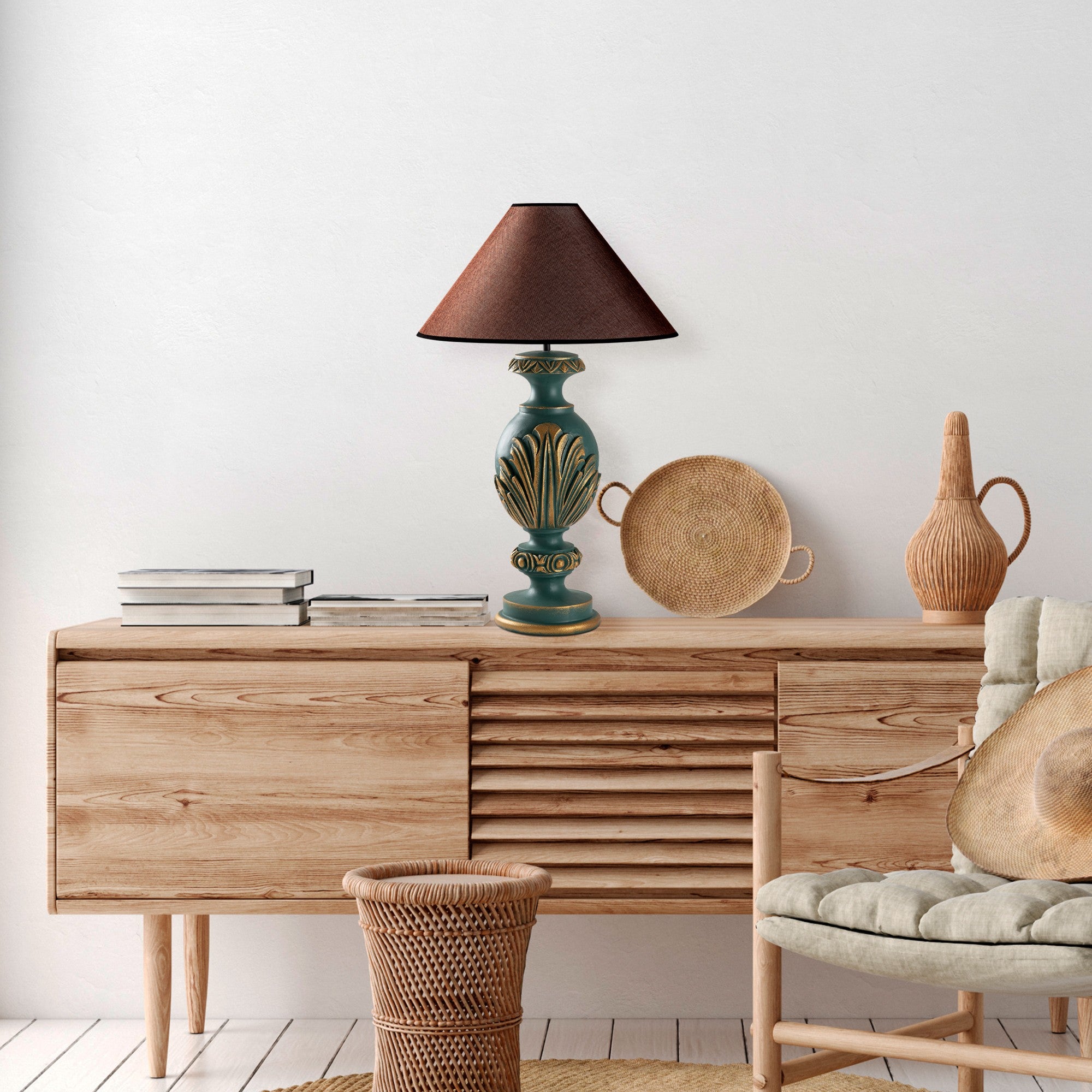 Candeeiro de Mesa – 50 x 50 x 74 cm – Verde, Marrom – Tecido 100% poliéster