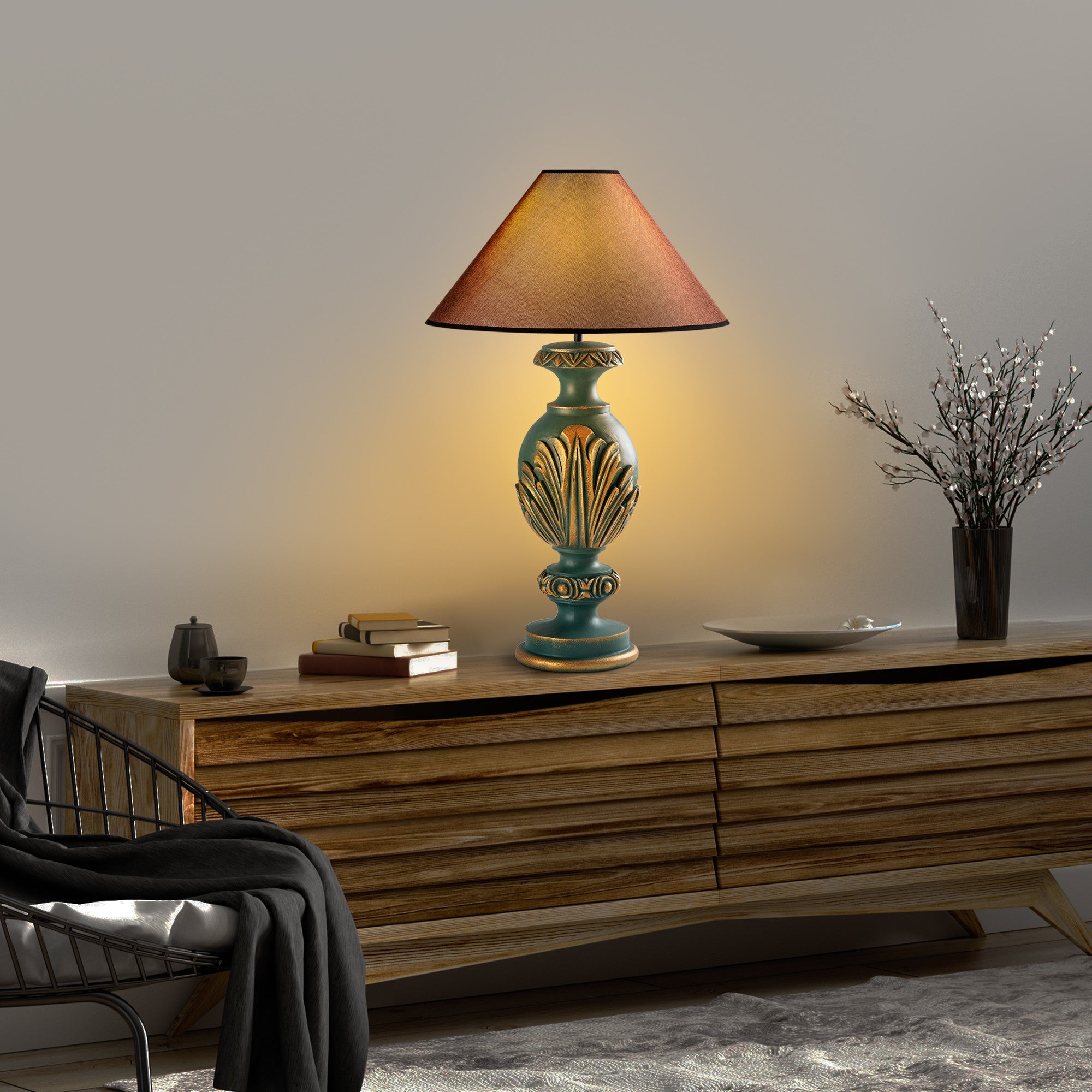 Candeeiro de Mesa – 50 x 50 x 74 cm – Verde, Marrom – Tecido 100% poliéster