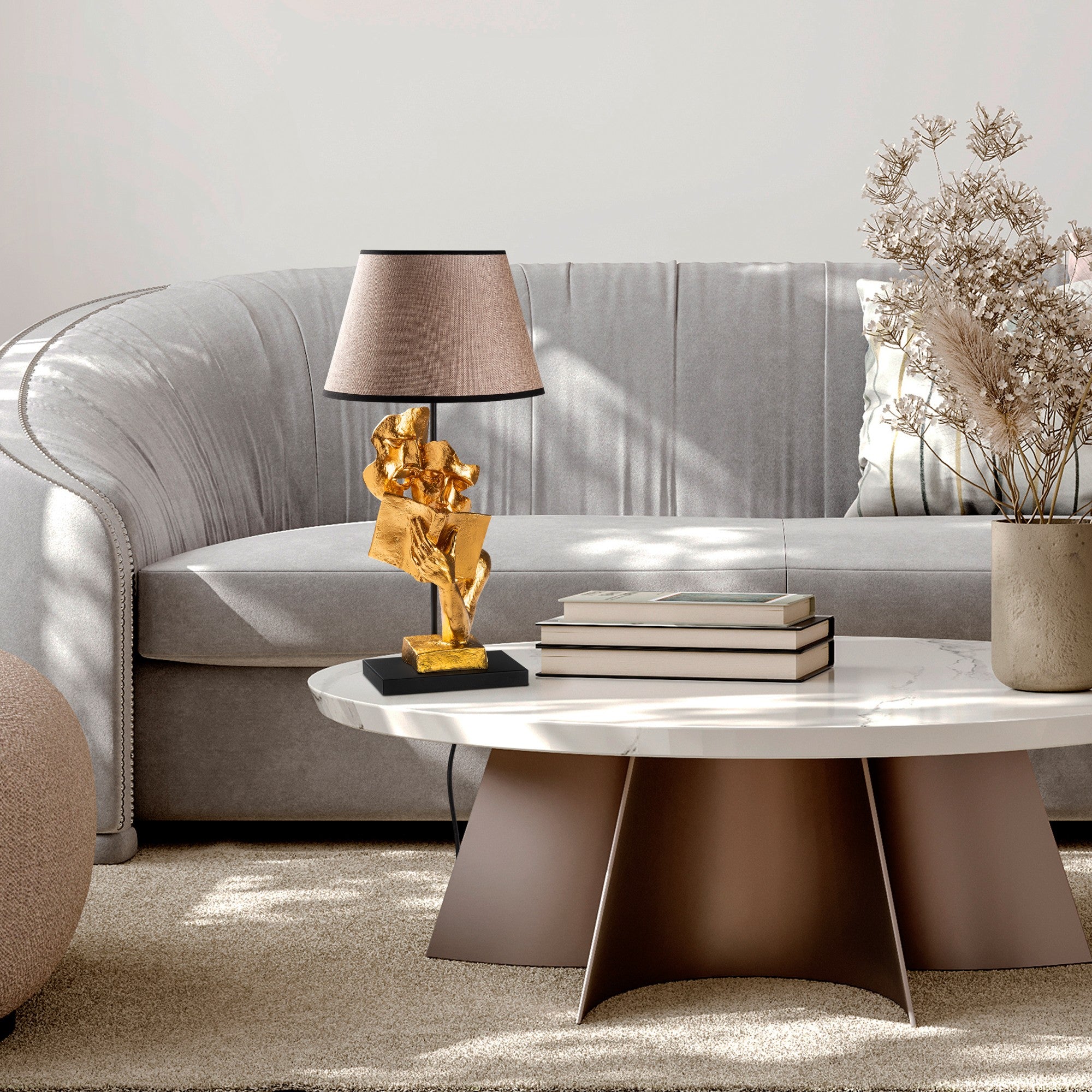 Candeeiro de Mesa – Ø20-30 h:18 cm – Dourado e Castanho Claro – Poliéster