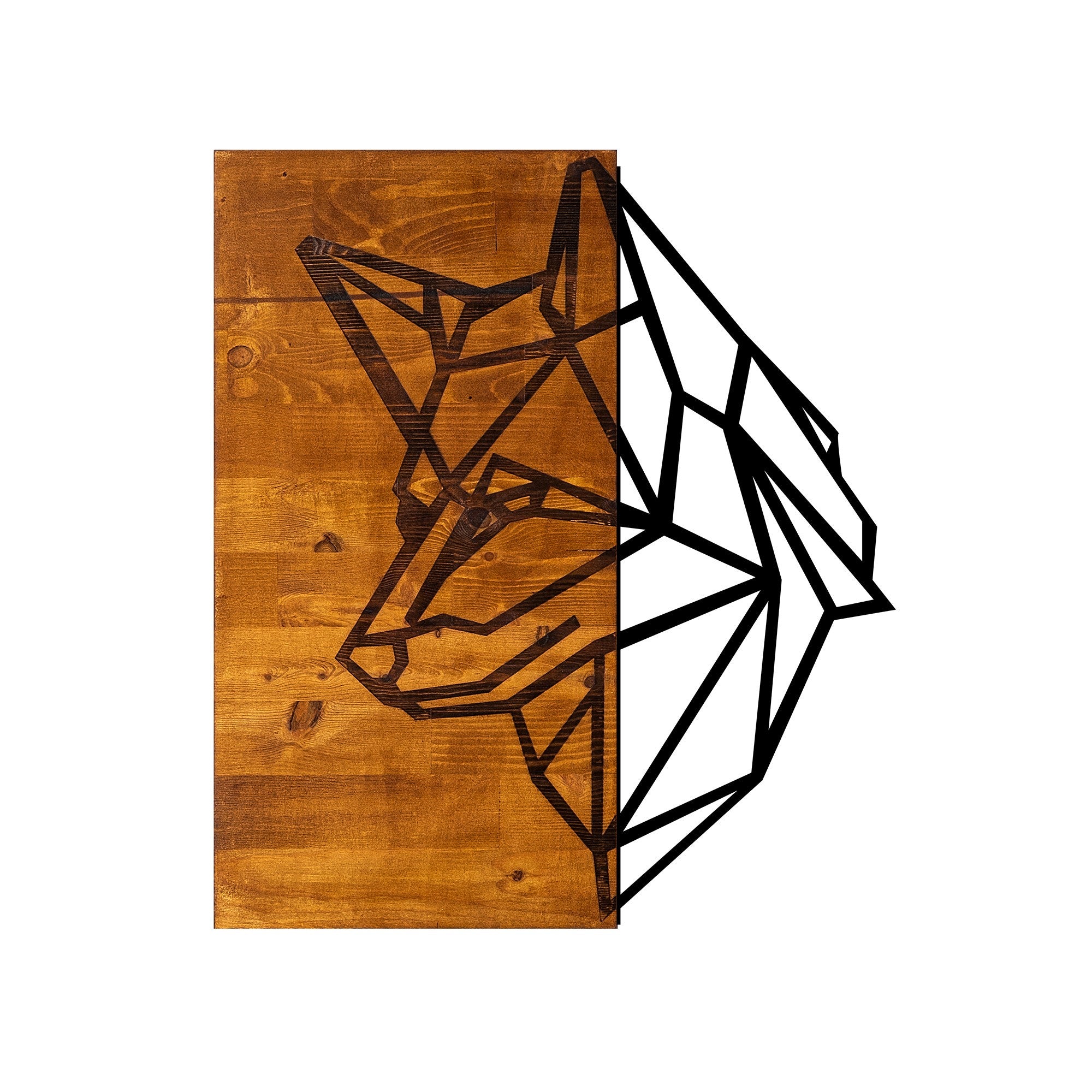Elegante acessório decorativo de parede em madeira, 50 x 58 cm | 50% madeira (3 cm de espessura) e 50% metal | Acabamento exclusivo em nogueira e preto, perfeito para qualquer espaço