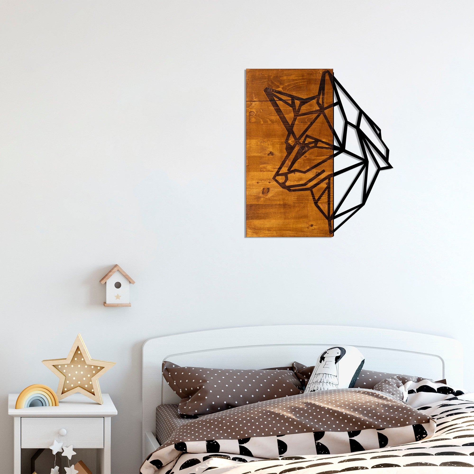 Elegante acessório decorativo de parede em madeira, 50 x 58 cm | 50% madeira (3 cm de espessura) e 50% metal | Acabamento exclusivo em nogueira e preto, perfeito para qualquer espaço