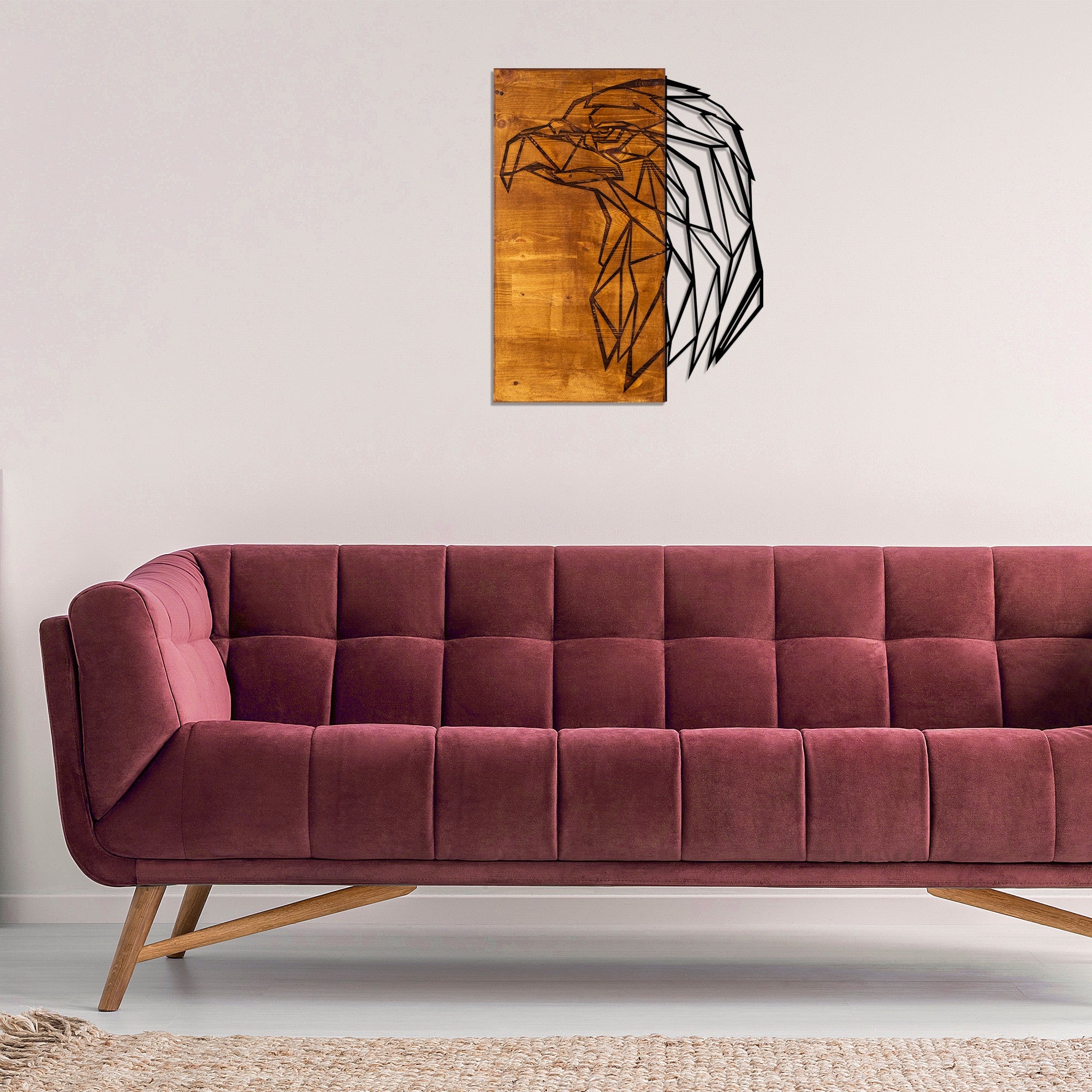 Elegante acessório decorativo de parede em madeira, 47 x 58 cm | 50% madeira (3 cm de espessura) e 50% metal | Acabamento em nogueira e preto, variações de textura exclusivas