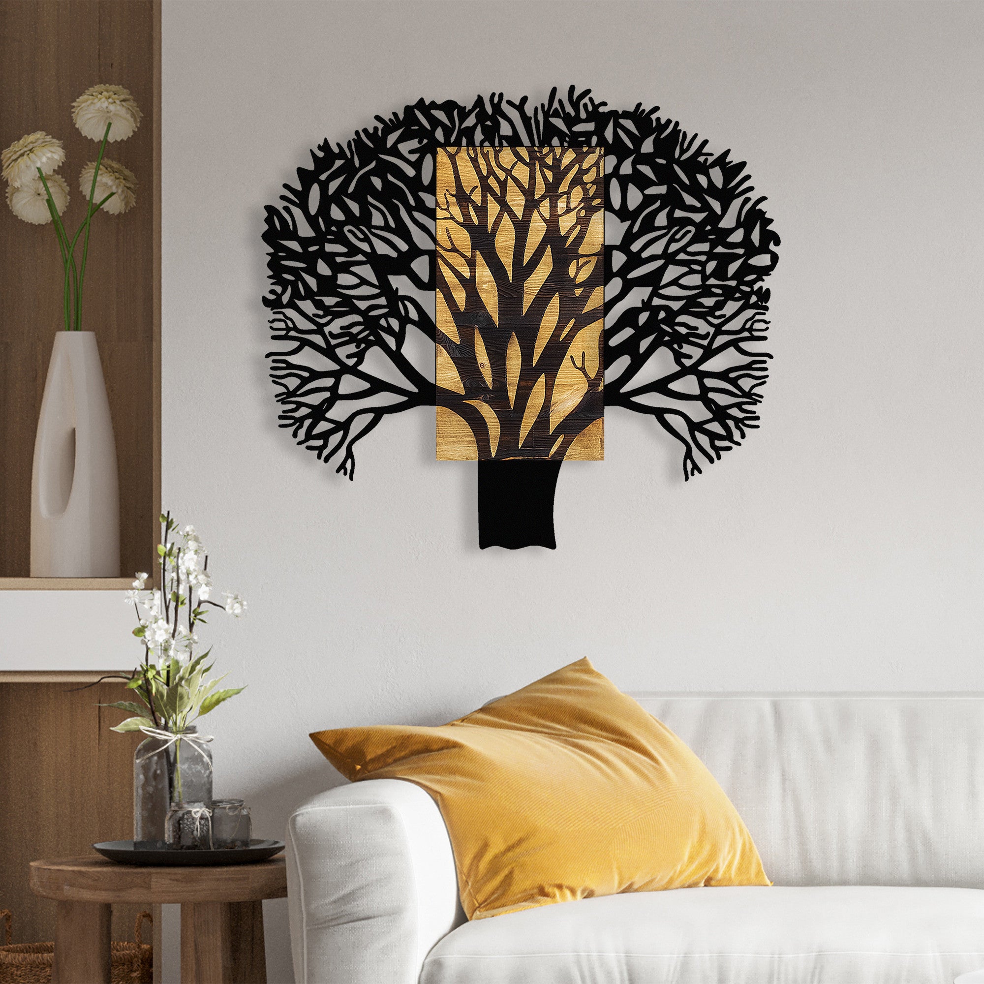 Elegante acessório decorativo de parede em madeira, nogueira e preto, 93 x 3 x 86 cm | 100% metal (1,5 mm) e madeira natural (3 cm) | Variações de cores exclusivas para uma decoração elegante