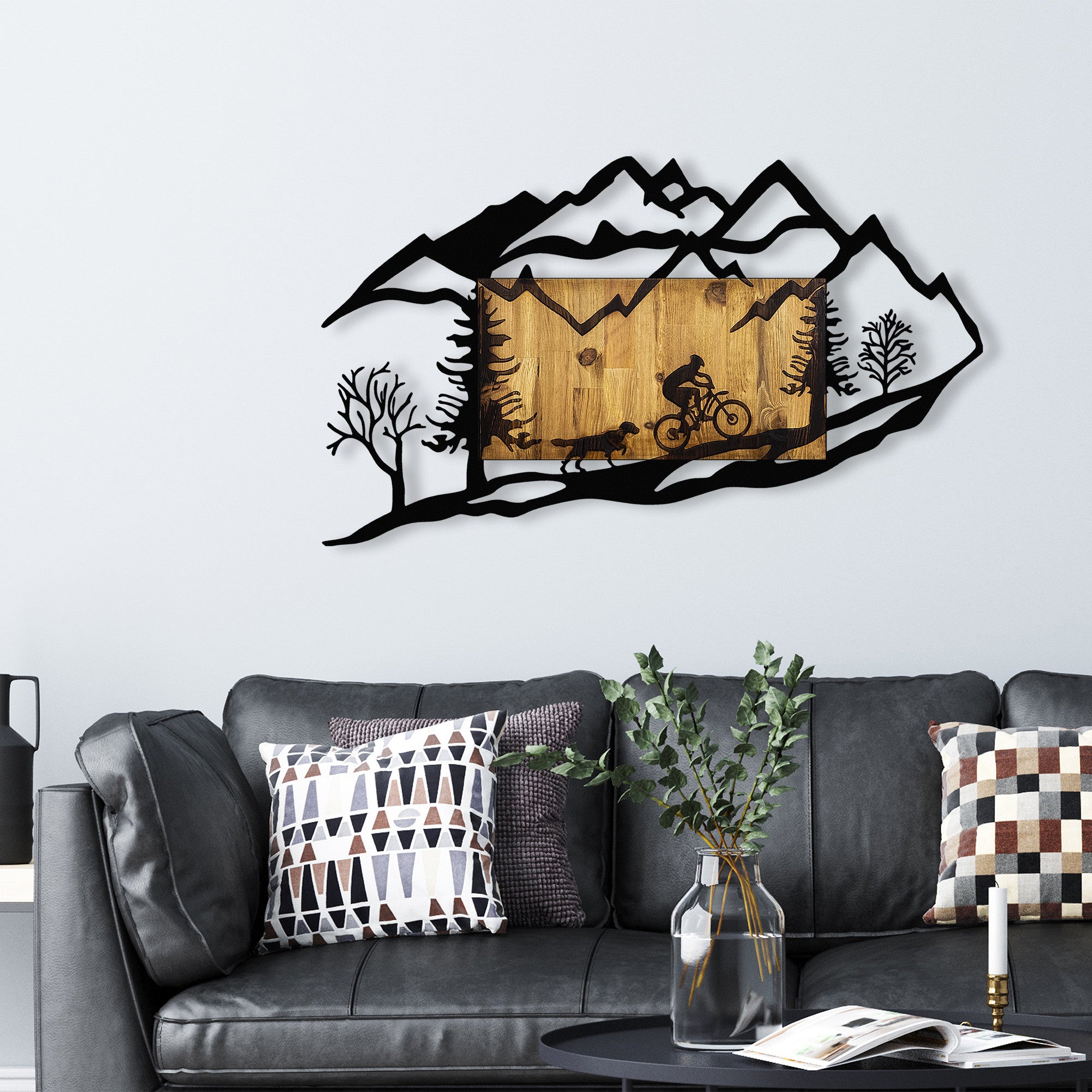 Acessório decorativo de parede – 110 x 3 x 65 cm – Nogueira e preto – Metal e madeira natural