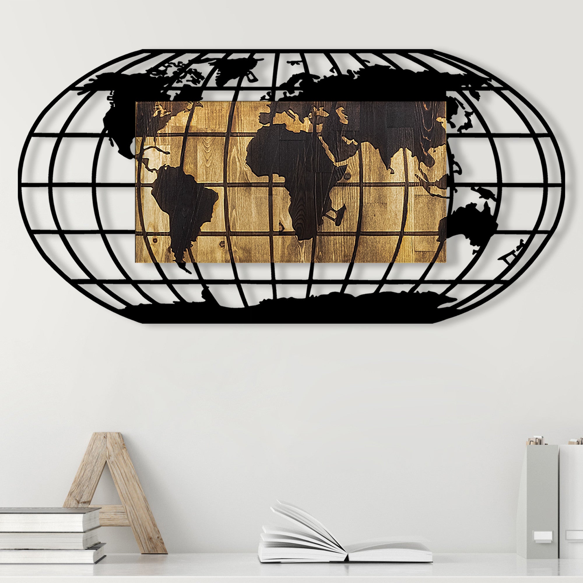 Acessório decorativo de parede – 102 x 3 x 50 cm – nogueira e preto – metal e madeira