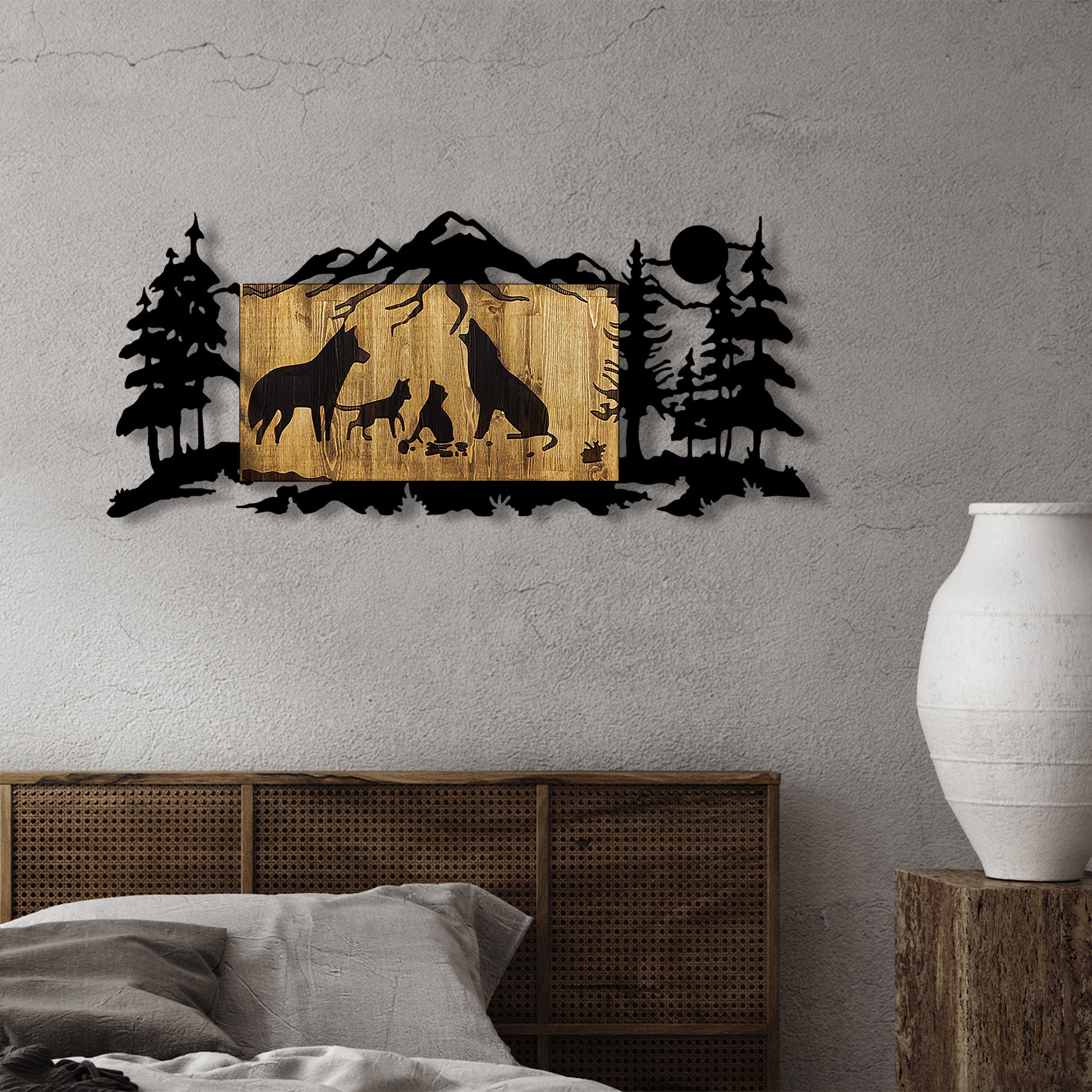 Elegante acessório decorativo de parede em madeira, nogueira e preto, 108 x 3 x 47 cm | 100% metal (1,5 mm) e madeira natural (3 cm) | Variações de cores exclusivas para uma decoração elegante