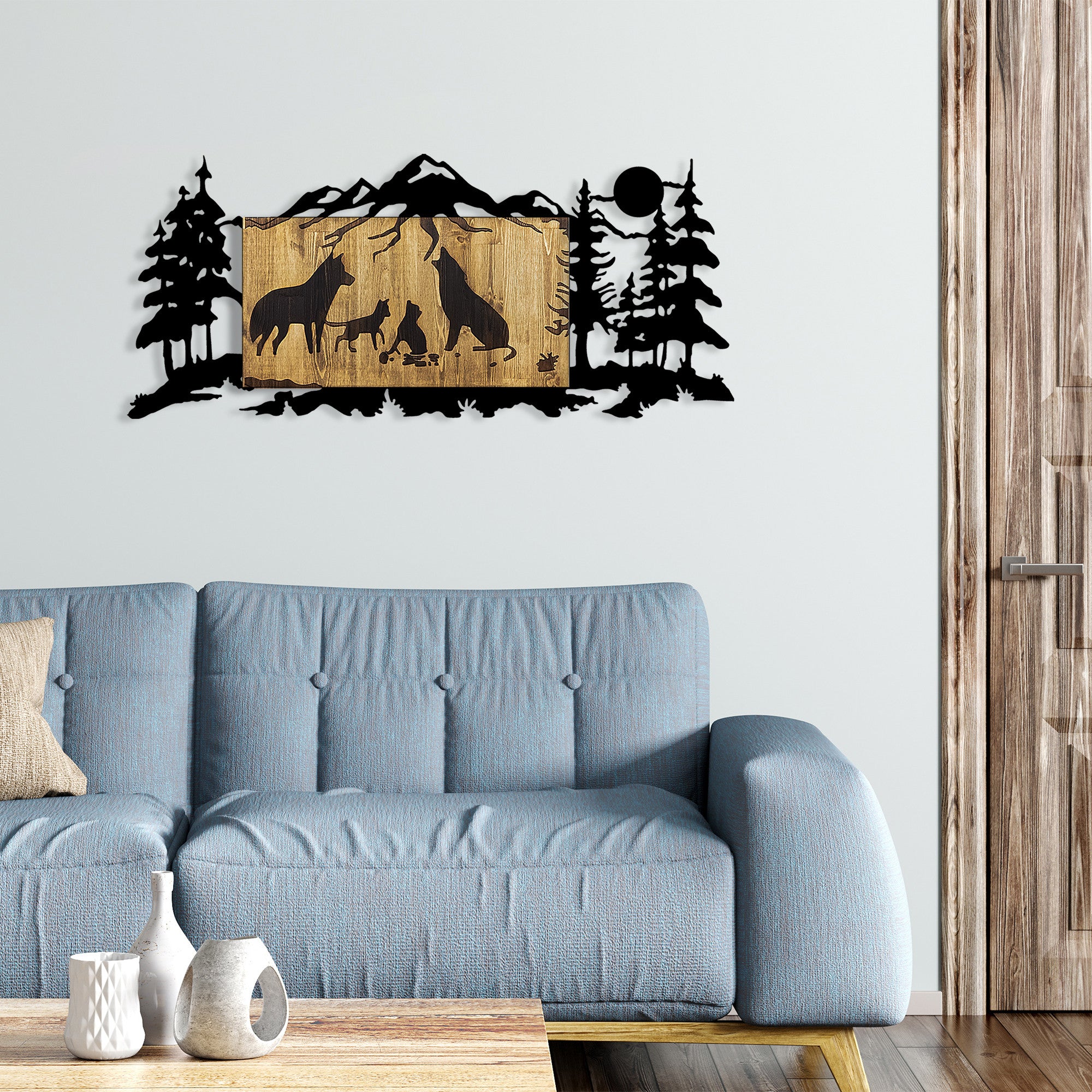 Elegante acessório decorativo de parede em madeira, nogueira e preto, 108 x 3 x 47 cm | 100% metal (1,5 mm) e madeira natural (3 cm) | Variações de cores exclusivas para uma decoração elegante