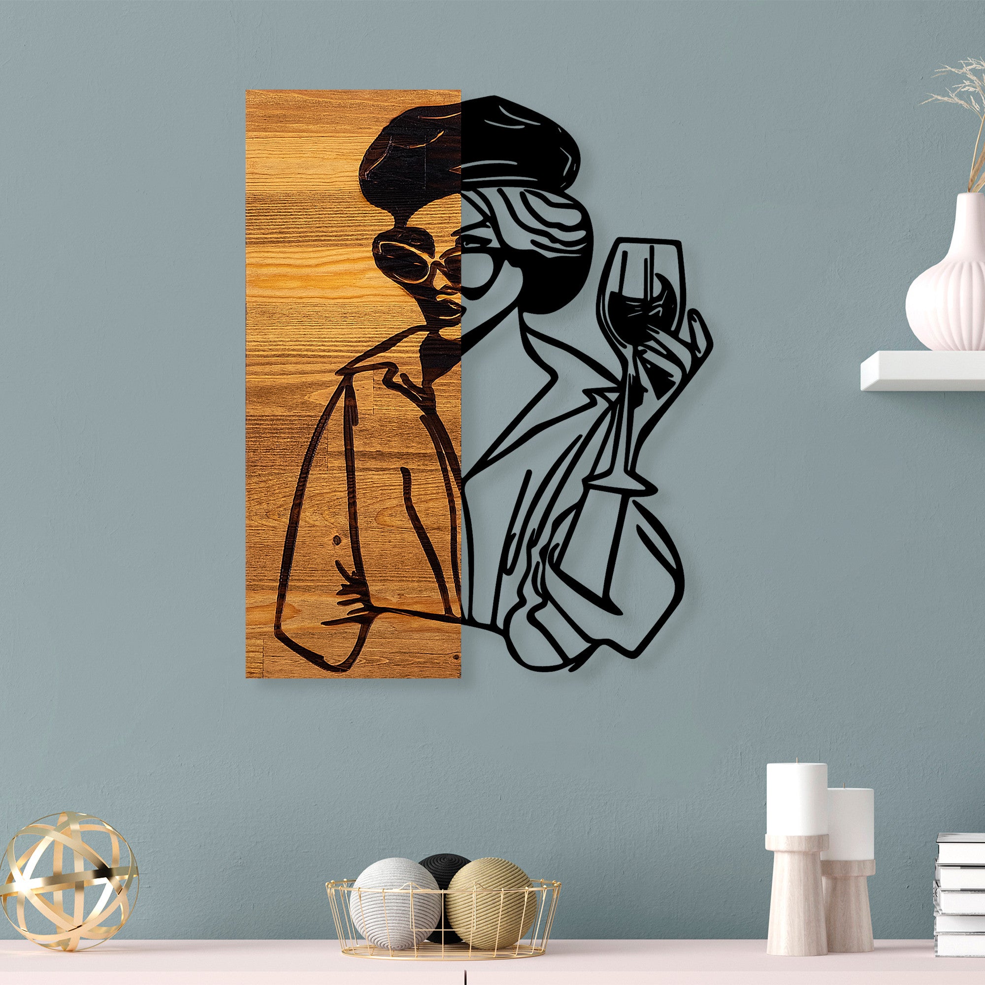 Acessório decorativo de parede – 39 x 3 x 50 cm – Preto e Nogueira clara – Madeira e Metal