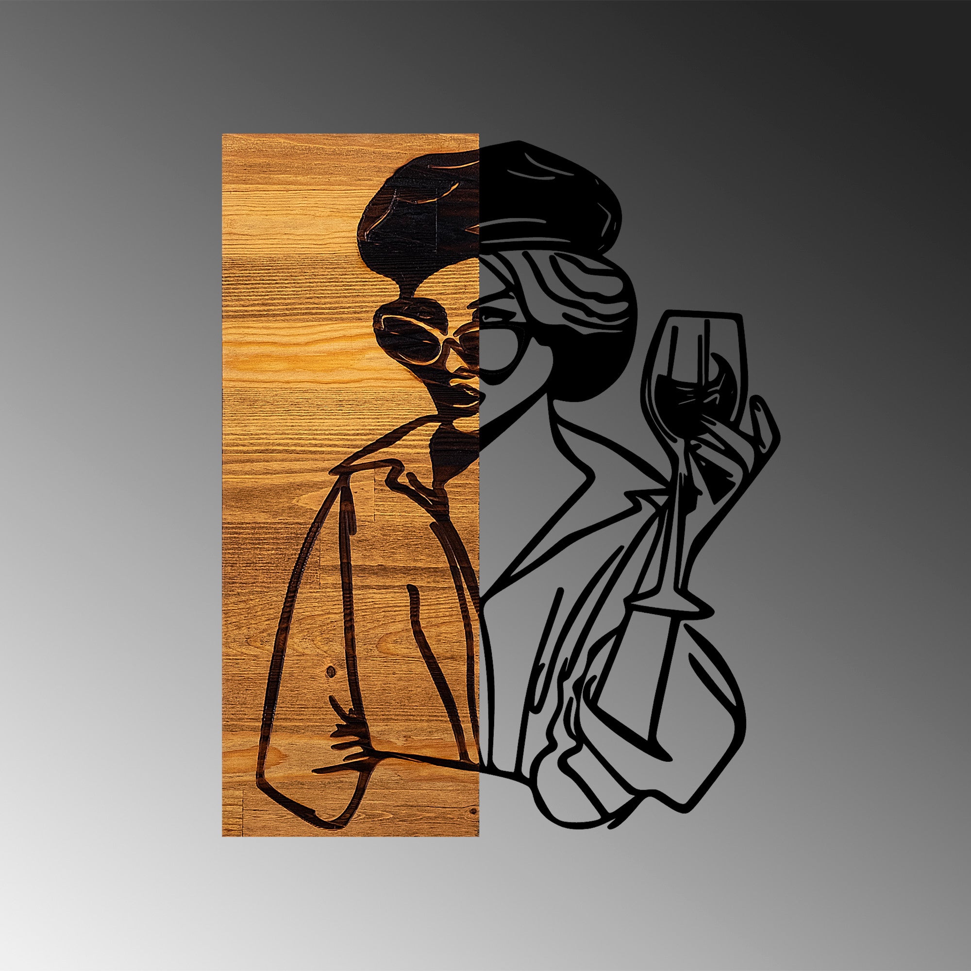 Acessório decorativo de parede – 39 x 3 x 50 cm – Preto e Nogueira clara – Madeira e Metal