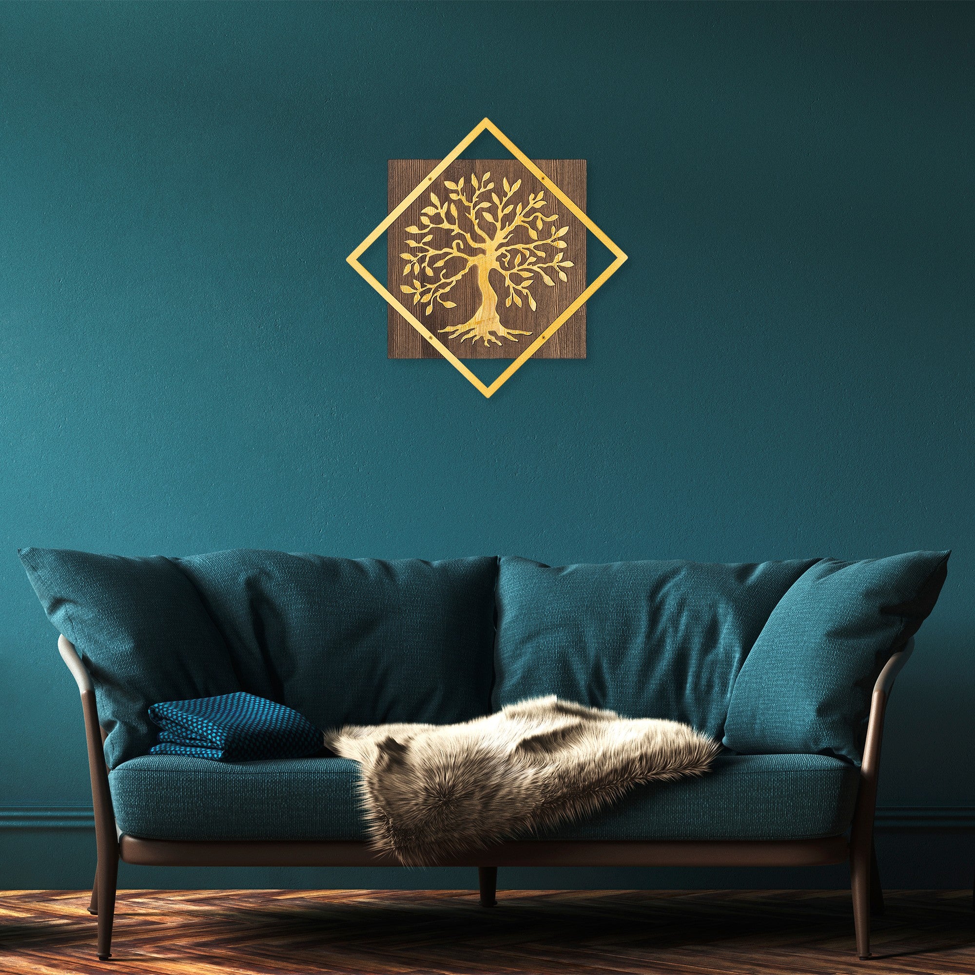 Acessório decorativo de parede em madeira e metal – 54 x 54 cm – nogueira e dourado