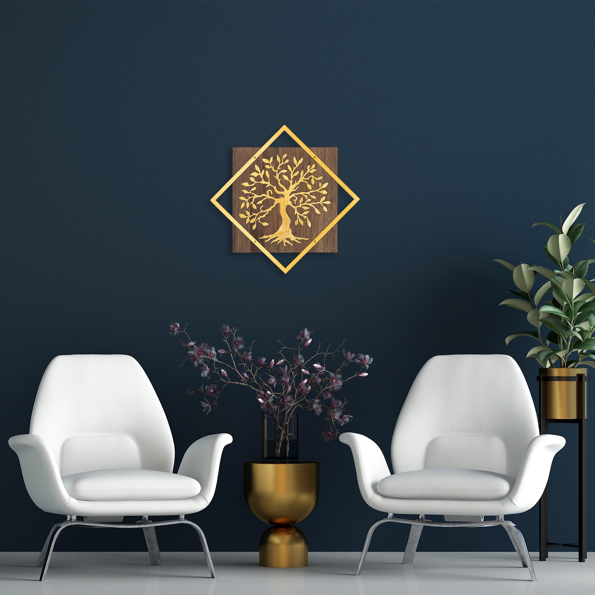 Acessório decorativo de parede em madeira e metal – 54 x 54 cm – nogueira e dourado