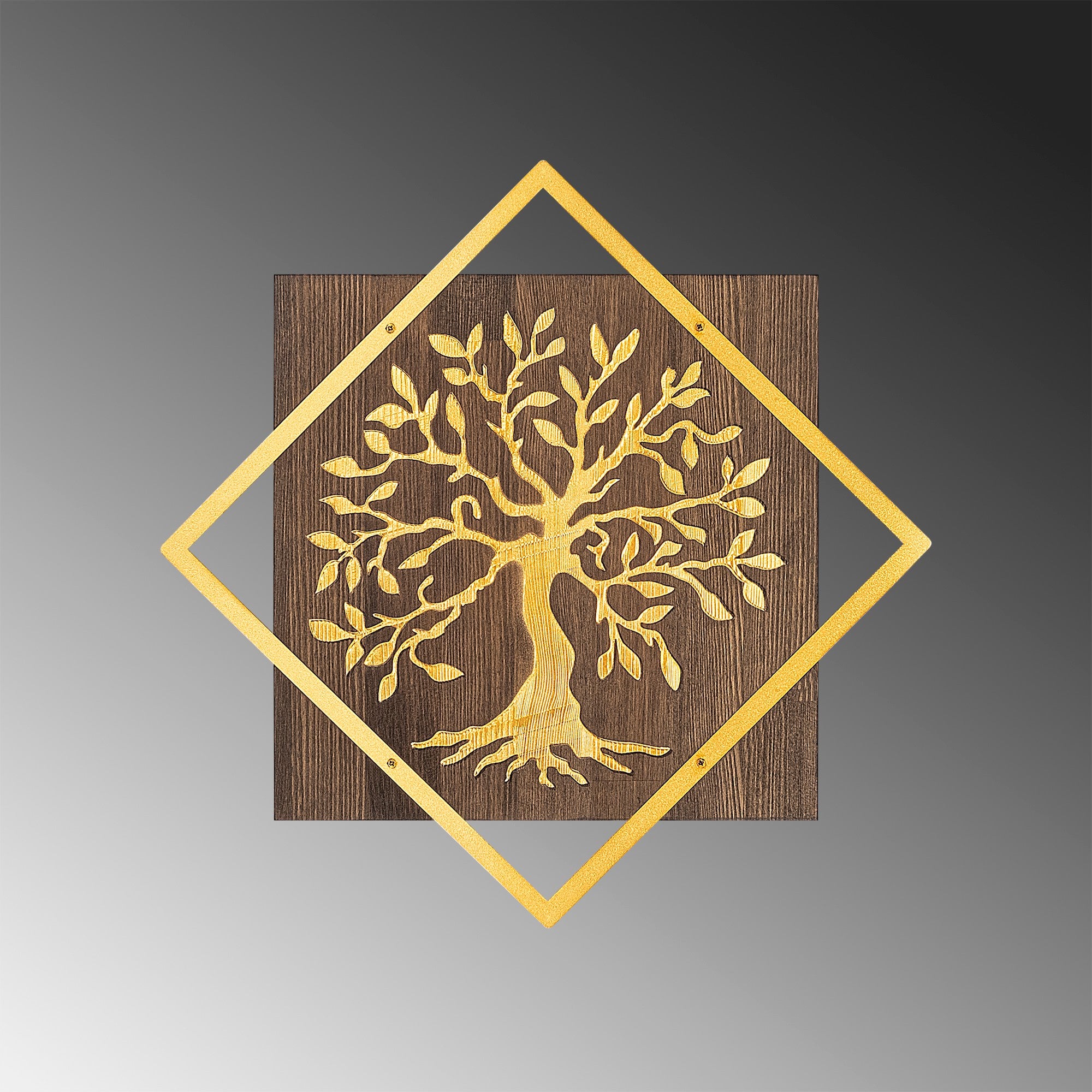 Acessório decorativo de parede em madeira e metal – 54 x 54 cm – nogueira e dourado