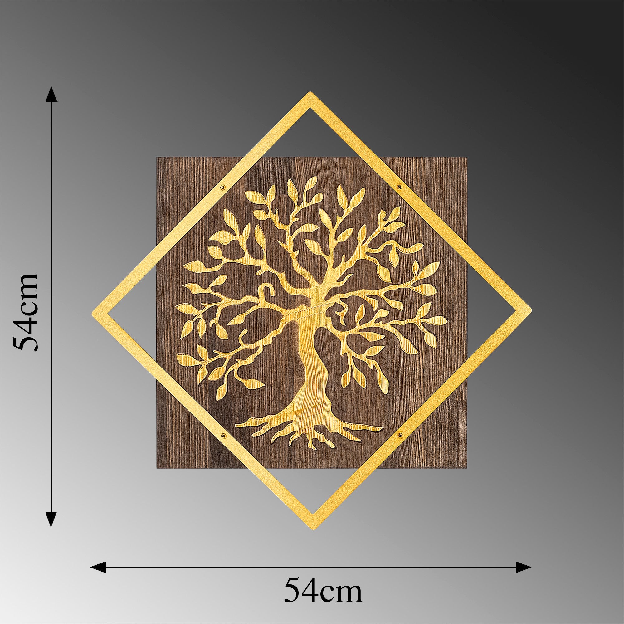 Acessório decorativo de parede em madeira e metal – 54 x 54 cm – nogueira e dourado