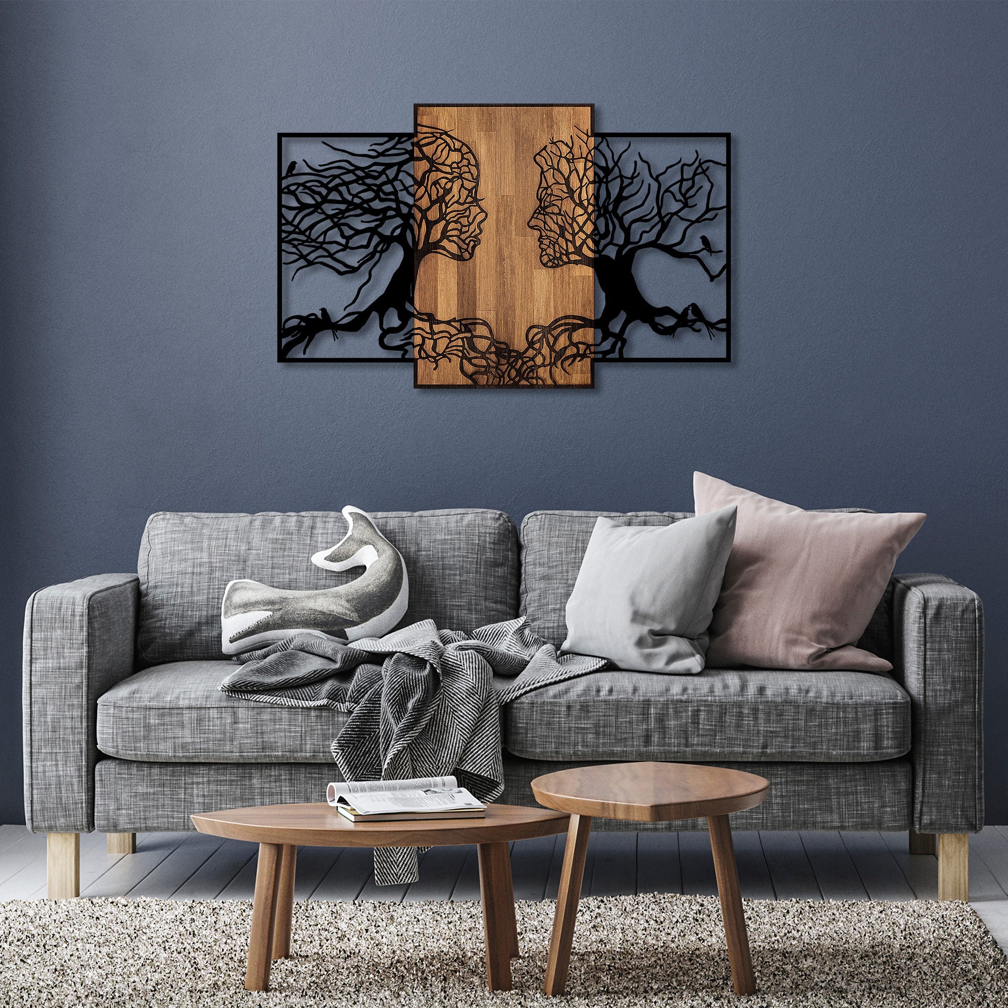 Acessório Decorativo de Parede – 125 x 3 x 79 cm – Preto e Nogueira – 50% Madeira e 50% Metal