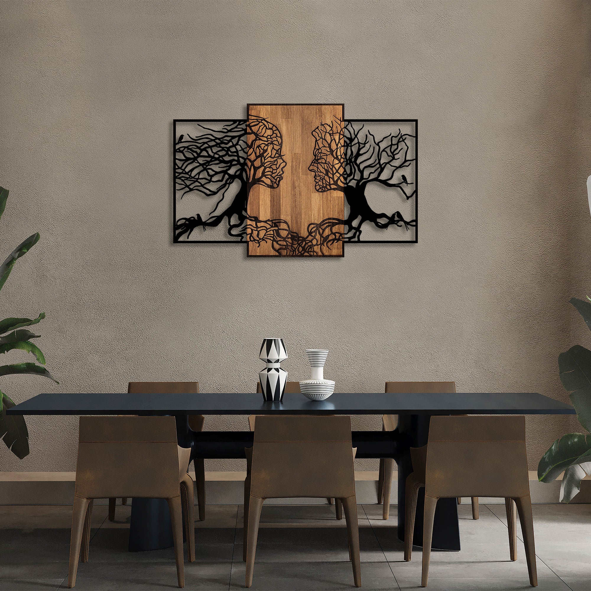 Acessório Decorativo de Parede – 125 x 3 x 79 cm – Preto e Nogueira – 50% Madeira e 50% Metal