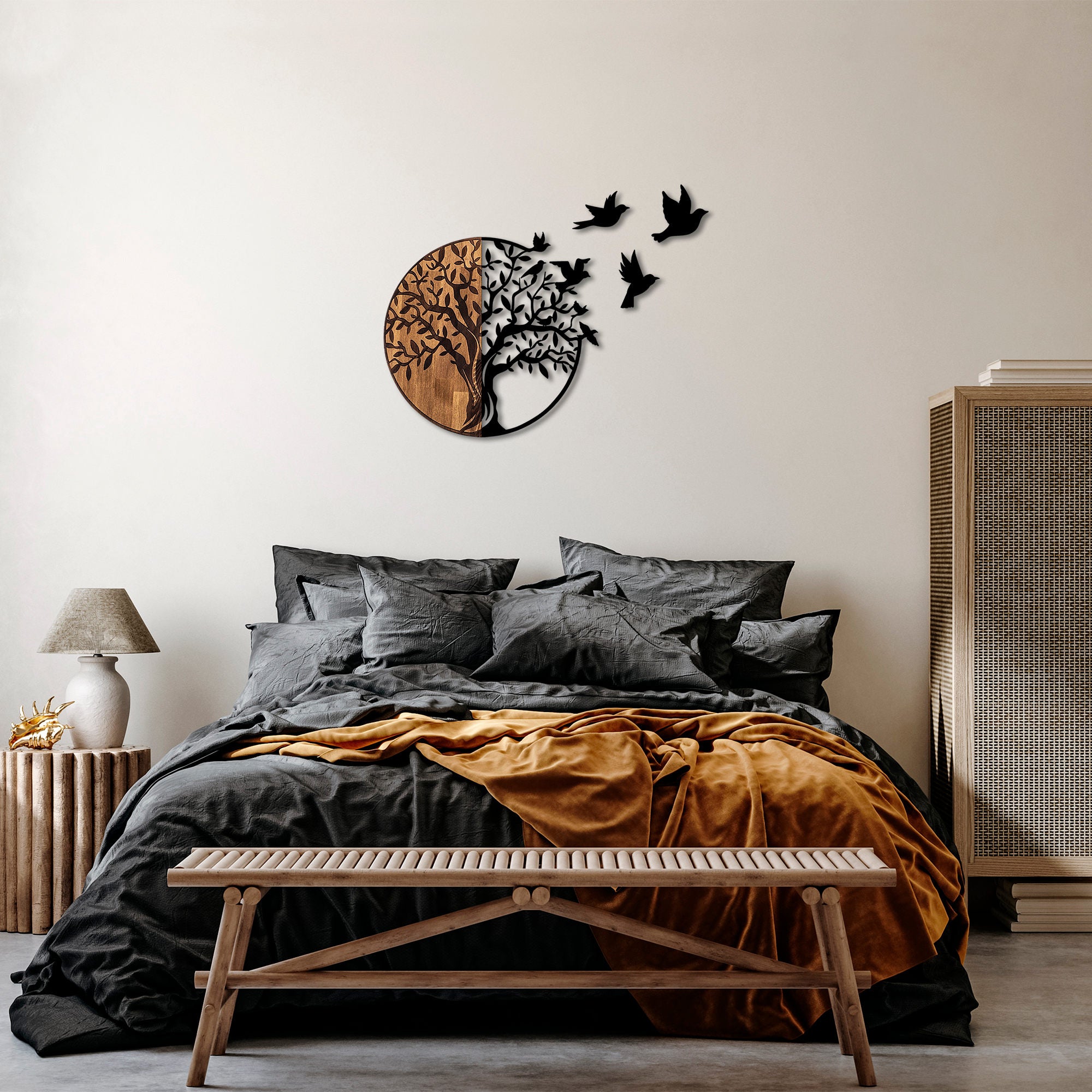 Acessório Decorativo de Parede – 92 x 3 x 71 cm – Preto e Nogueira – Madeira e Metal
