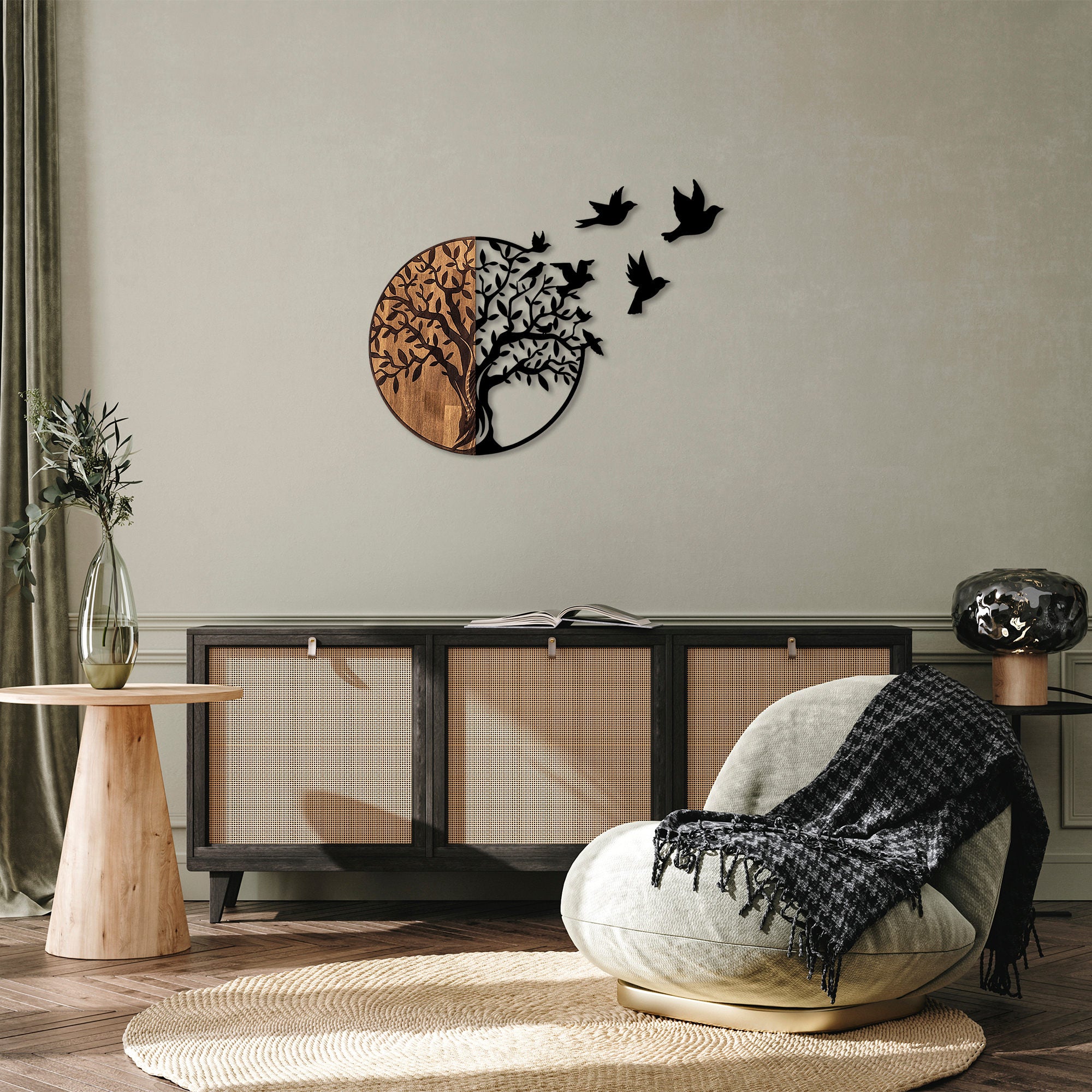 Acessório Decorativo de Parede – 92 x 3 x 71 cm – Preto e Nogueira – Madeira e Metal