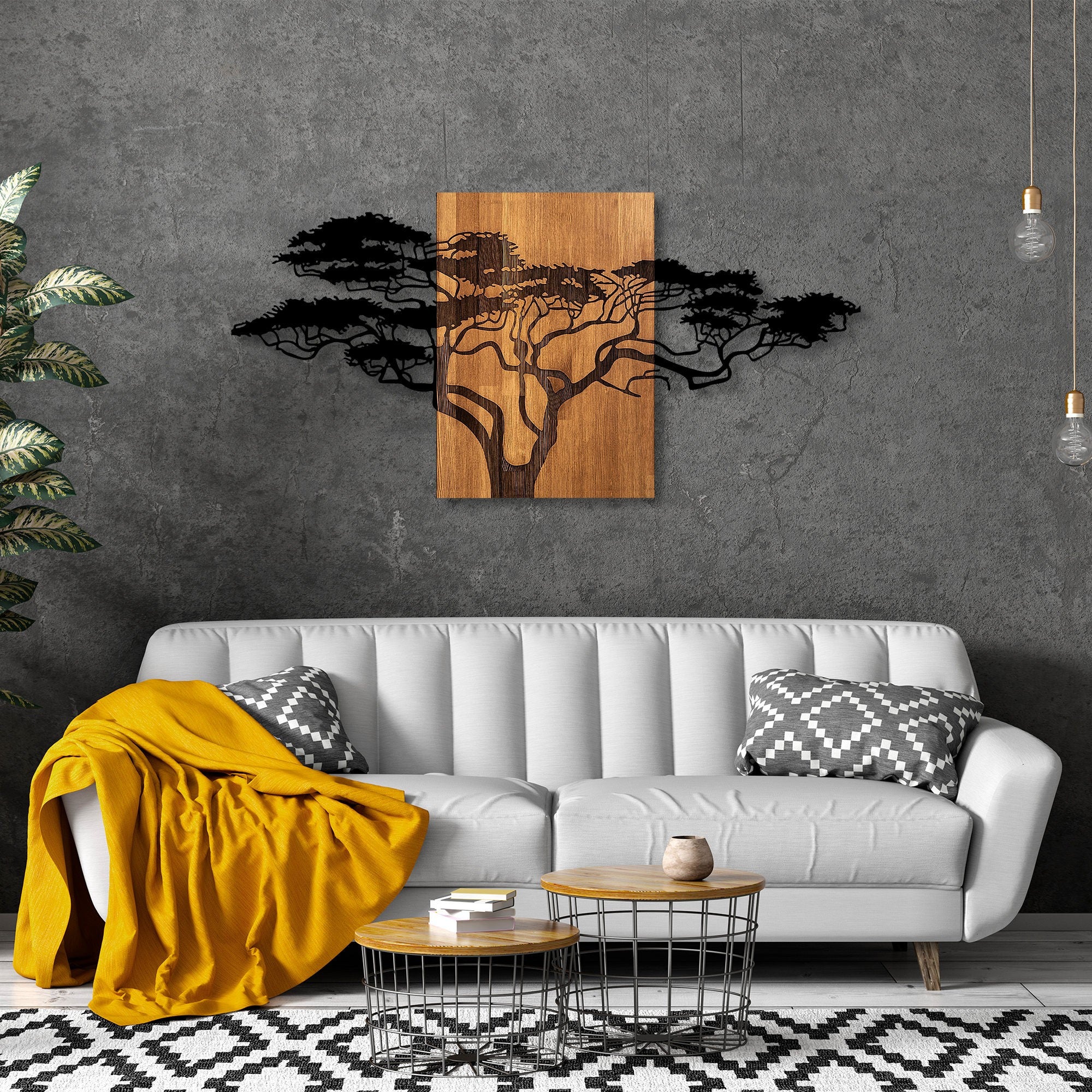 Acessório Decorativo de Parede – 144 x 3 x 70 cm – Preto e Nogueira – Madeira e Metal