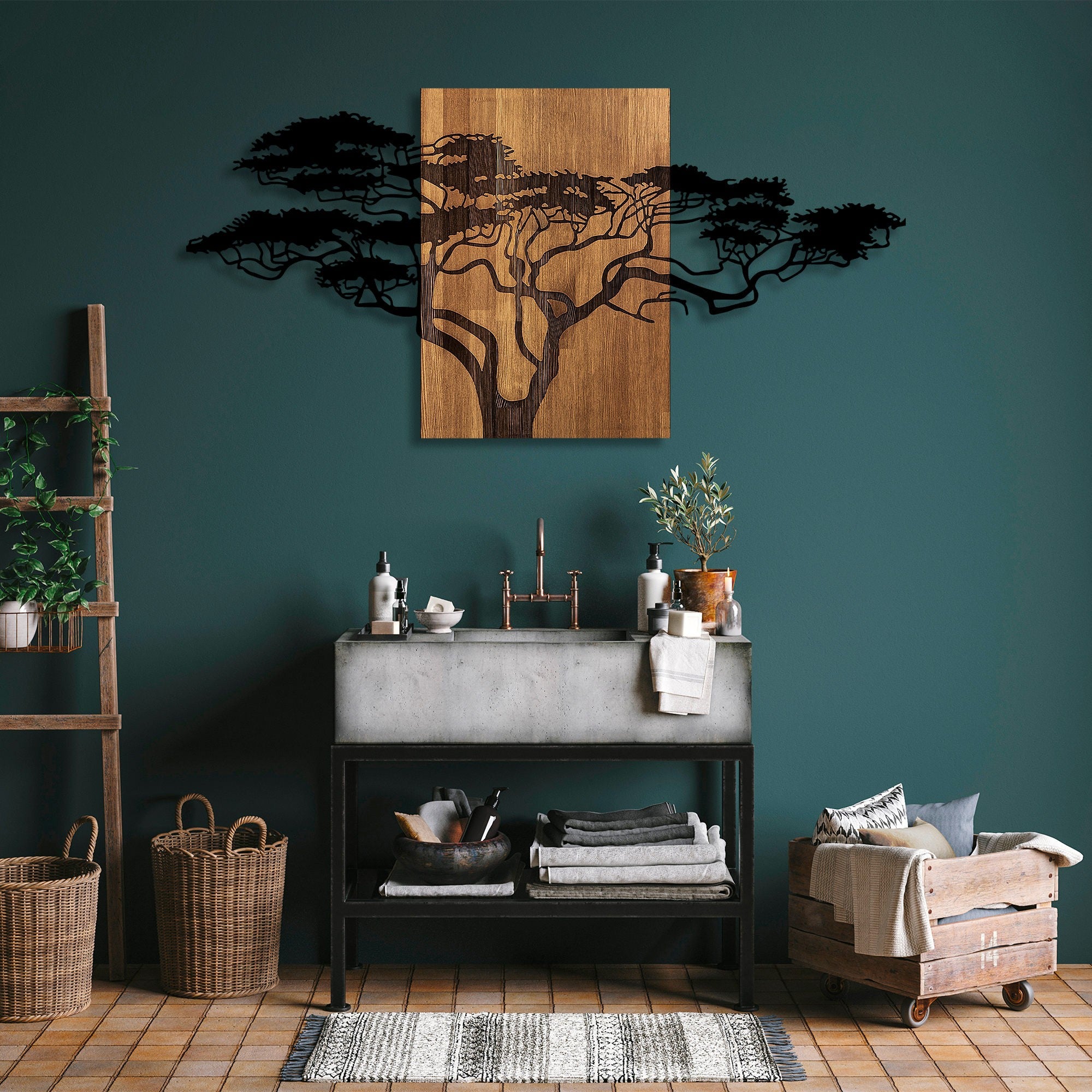 Acessório Decorativo de Parede – 144 x 3 x 70 cm – Preto e Nogueira – Madeira e Metal