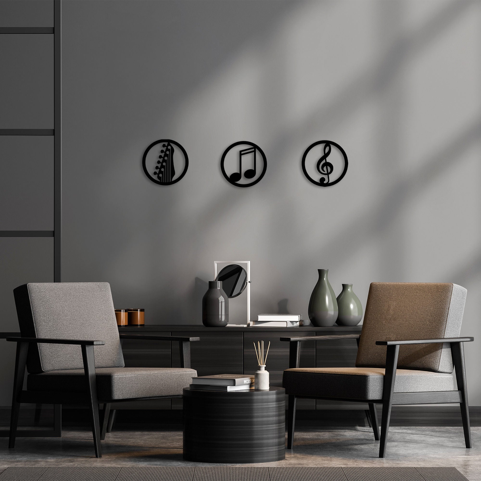 Conjunto de 3 acessórios decorativos de parede – 25 cm de diâmetro – preto – 100% metal