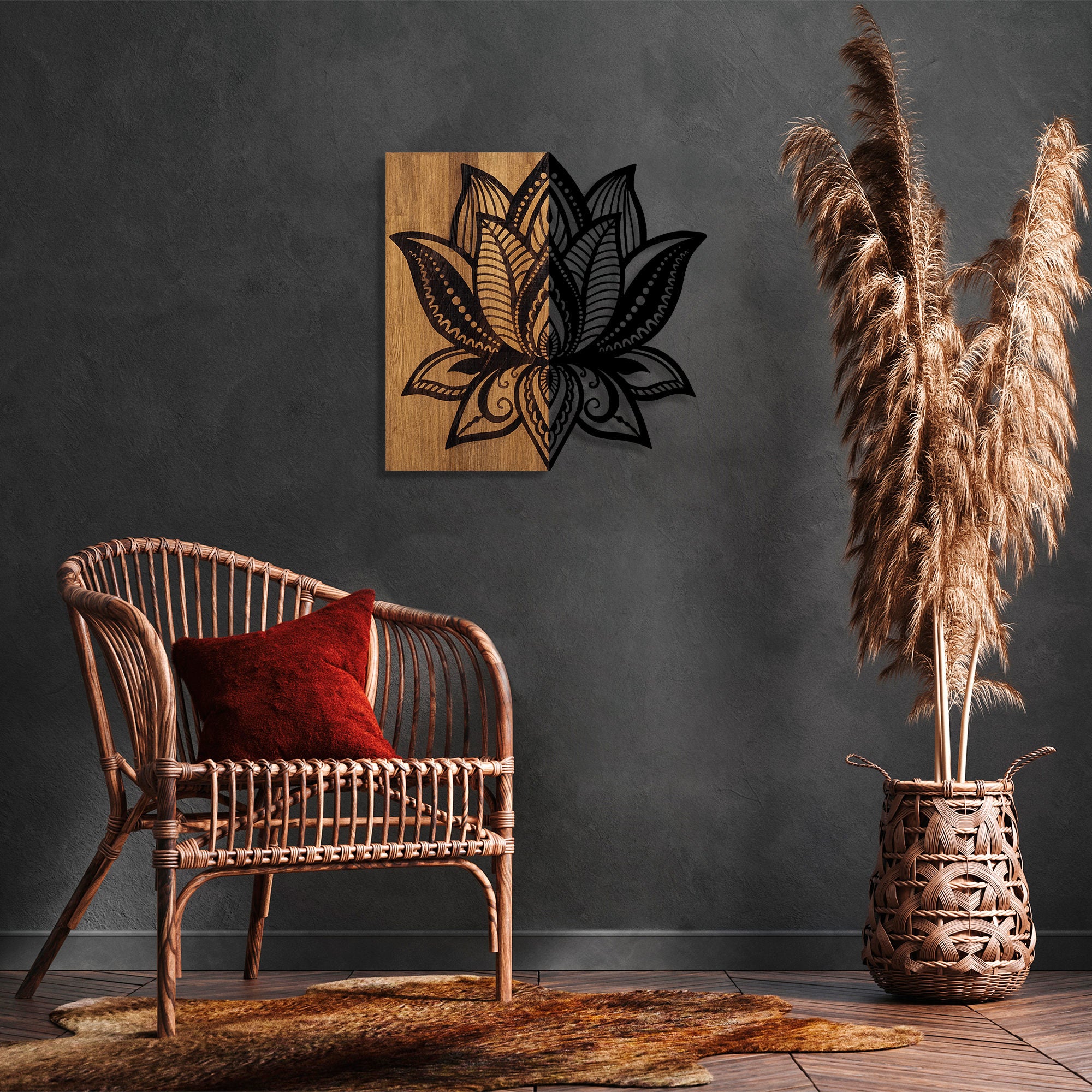 Acessório Decorativo de Parede em Madeira e Metal – 58 x 59 cm – Noz e Preto