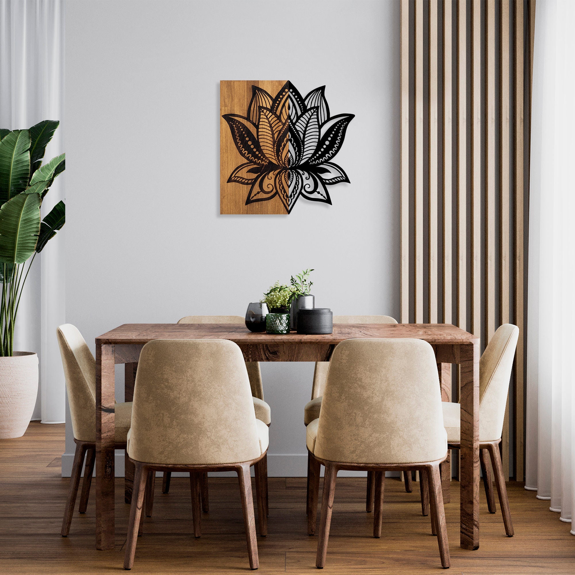 Acessório Decorativo de Parede em Madeira e Metal – 58 x 59 cm – Noz e Preto
