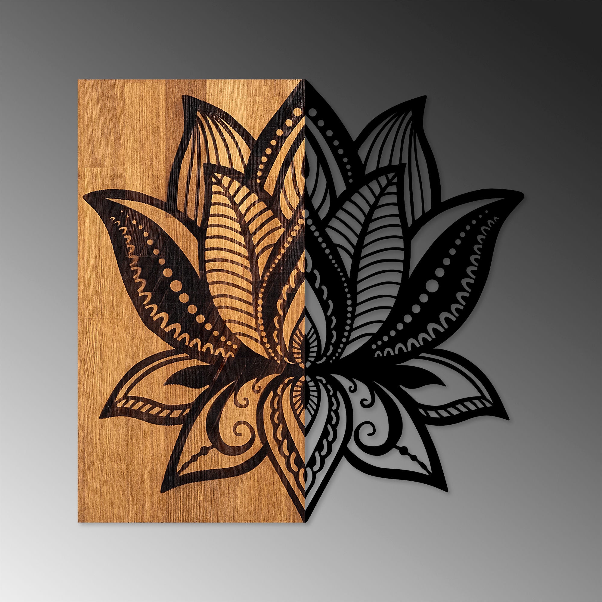 Acessório Decorativo de Parede em Madeira e Metal – 58 x 59 cm – Noz e Preto