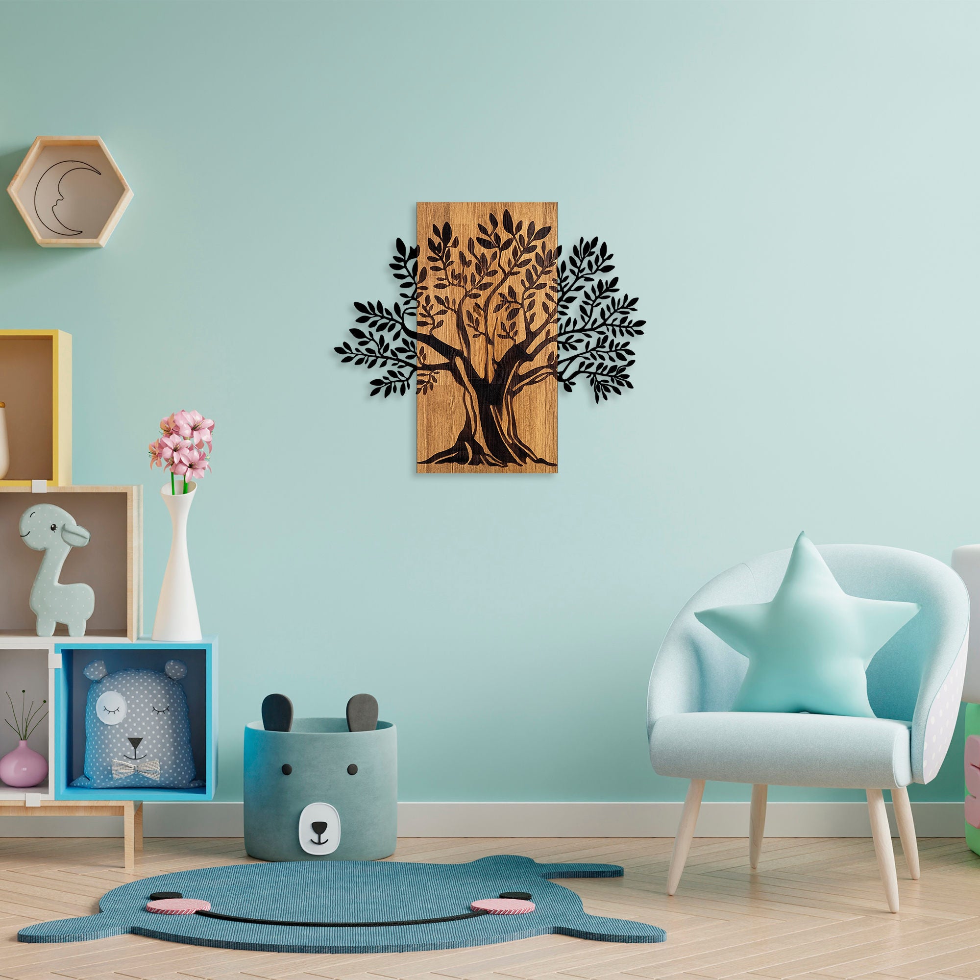 Acessório Decorativo de Parede – 58 x 65 cm – Nogueira e Preto – Madeira e Metal