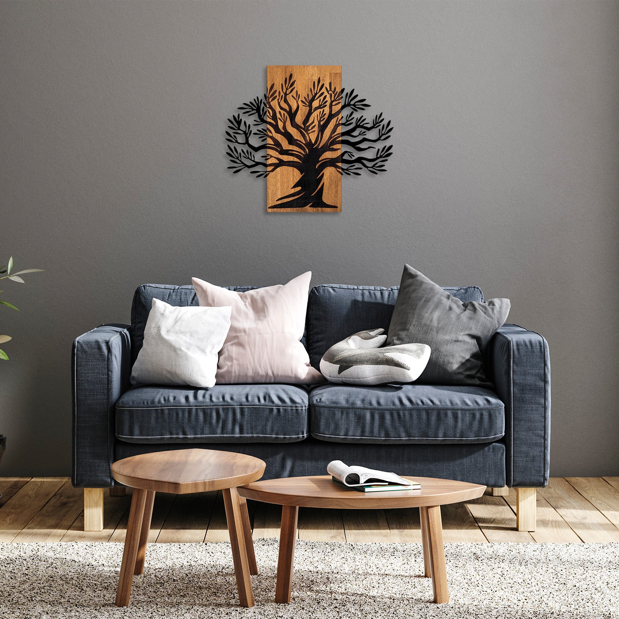 Acessório Decorativo de Parede em Madeira e Metal – 58 x 67 cm – Nogueira e Preto