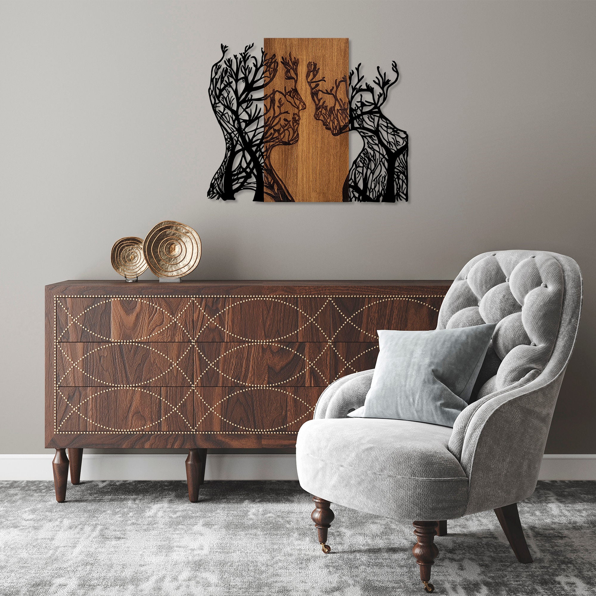 Acessório Decorativo de Parede – 58 x 70 cm – Nogueira e Preto – Madeira e Metal
