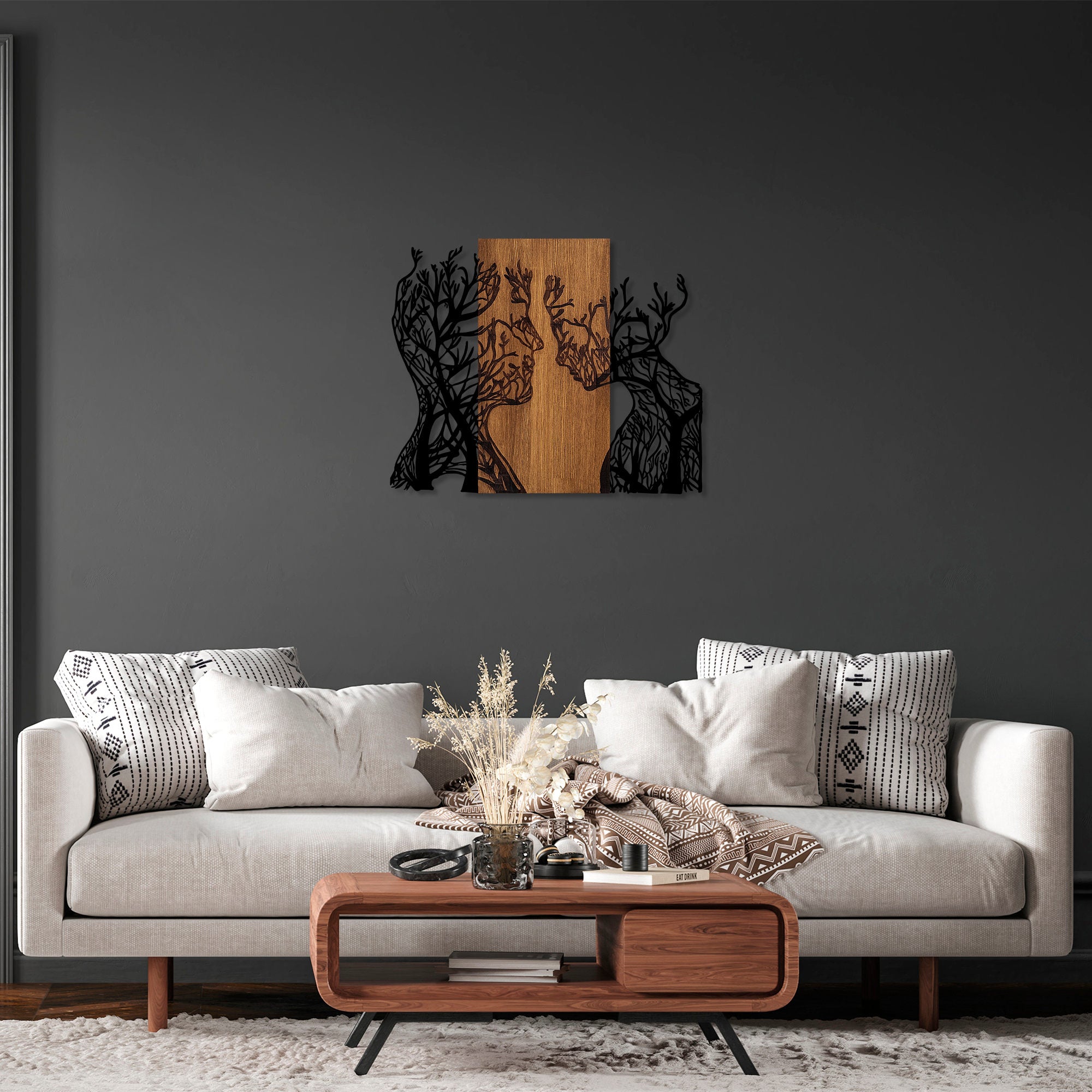 Acessório Decorativo de Parede – 58 x 70 cm – Nogueira e Preto – Madeira e Metal