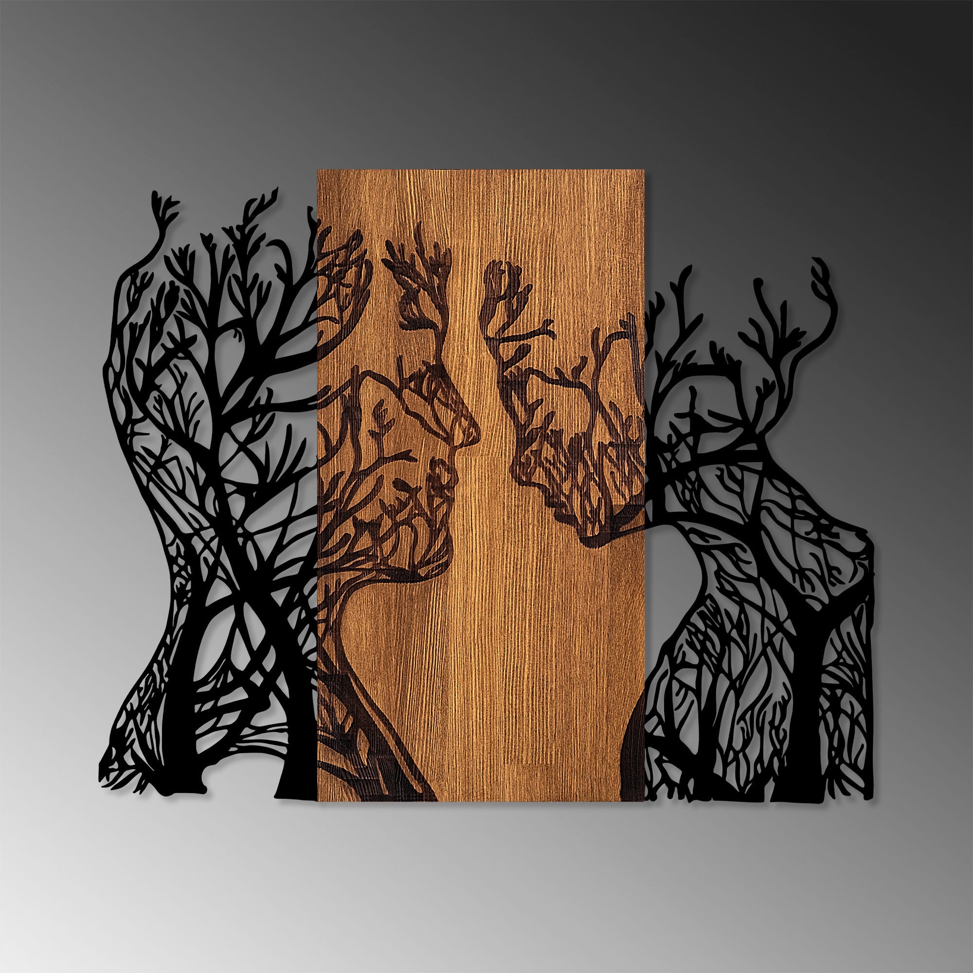 Acessório Decorativo de Parede – 58 x 70 cm – Nogueira e Preto – Madeira e Metal