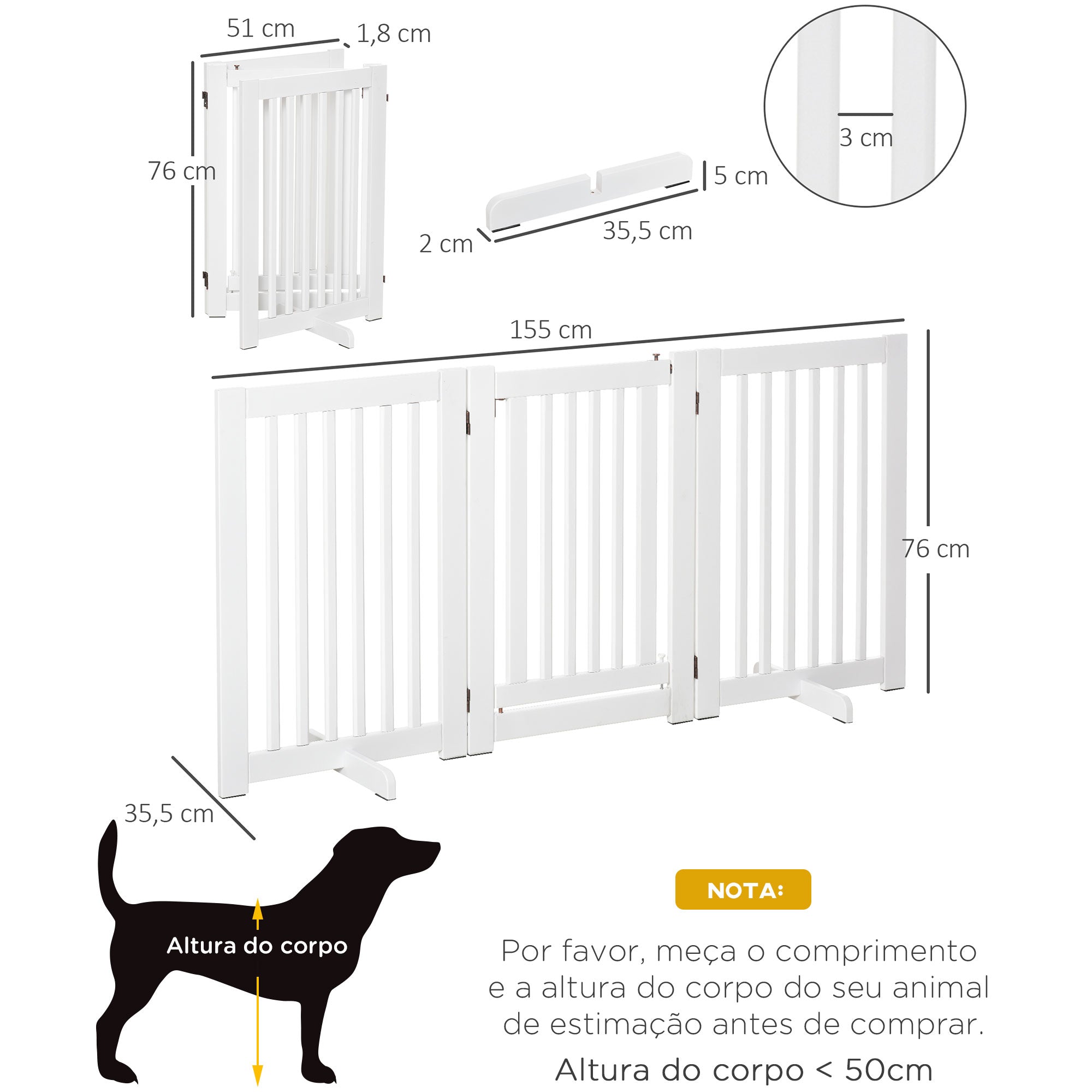 Barreira para Cães de Madeira – 155x35,5x76 cm – Branco – MDF