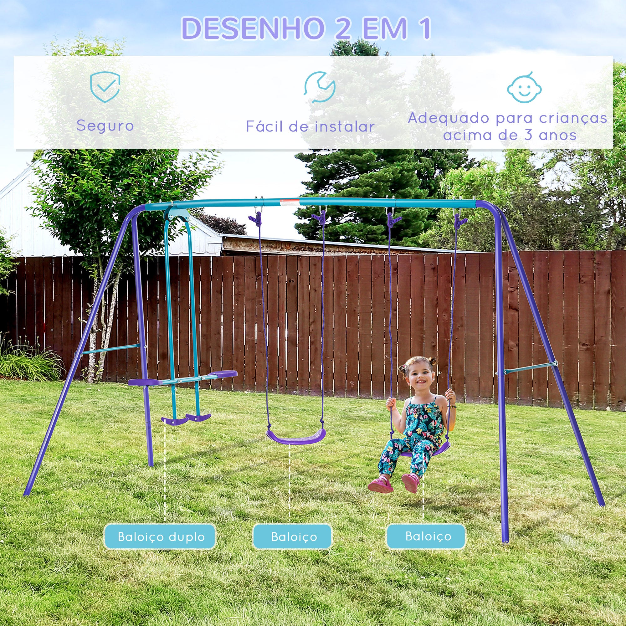 Conjunto de Baloiços de Jardim - 280x140x178 cm, Azul e Roxo