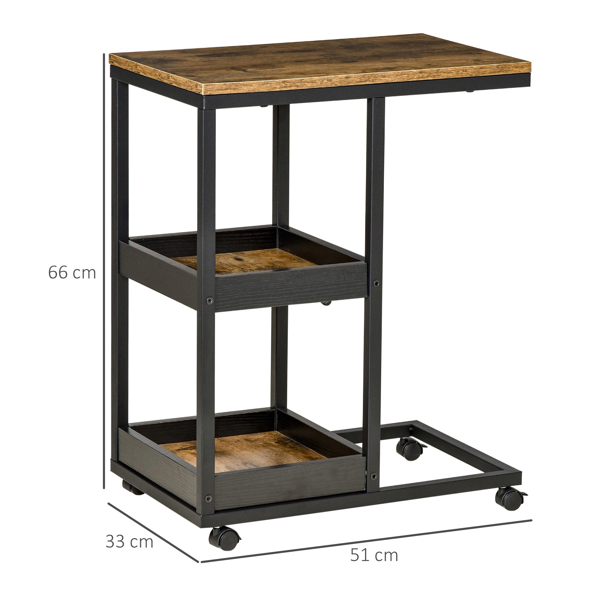 Mesa Auxiliar Industrial em Forma de C com Rodas – 51x33x66 cm – Marrom Escuro e Preto – Aço e MDF