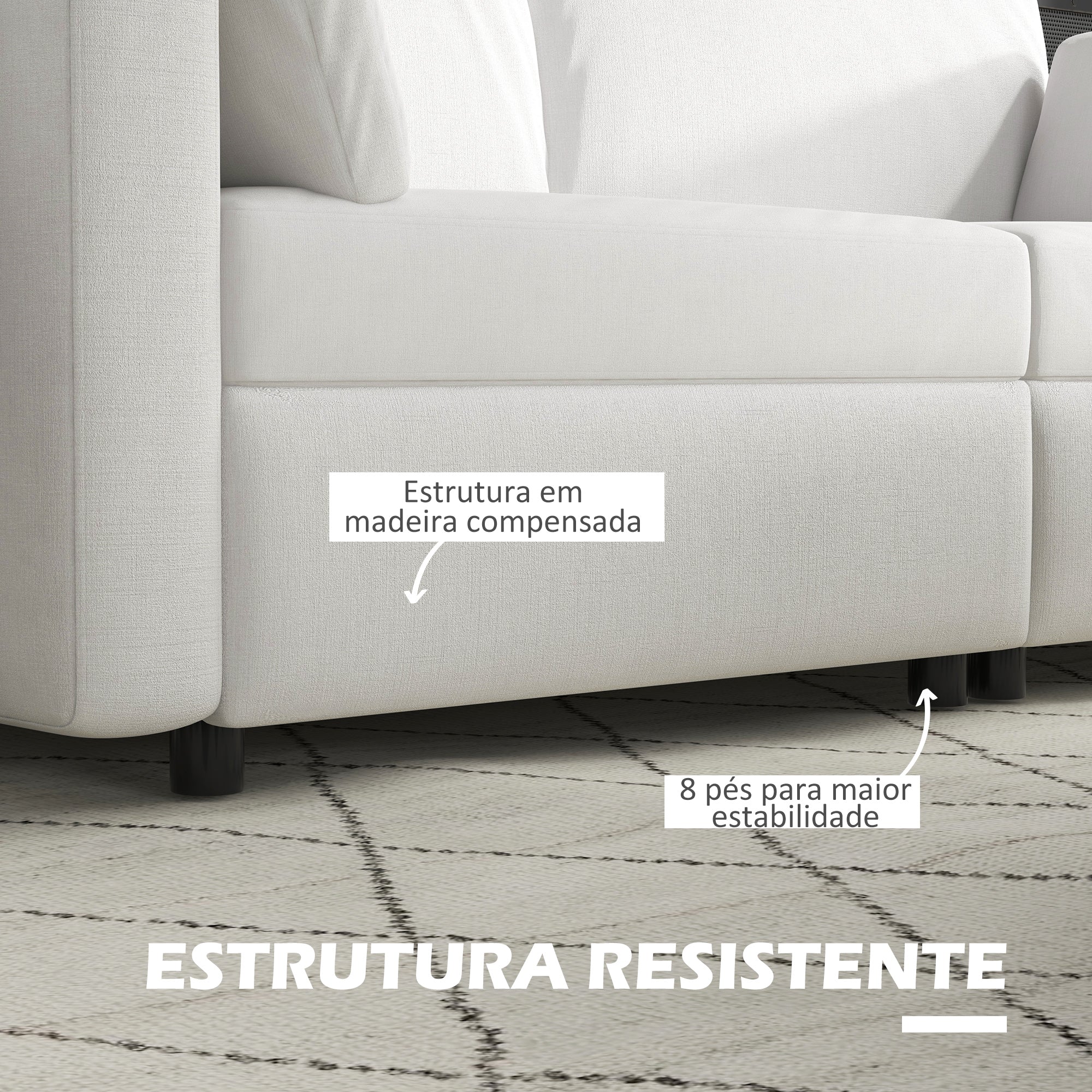 Sofá de 3 Lugares Creme Branco 178x82x85 cm - Estofado em Poliéster