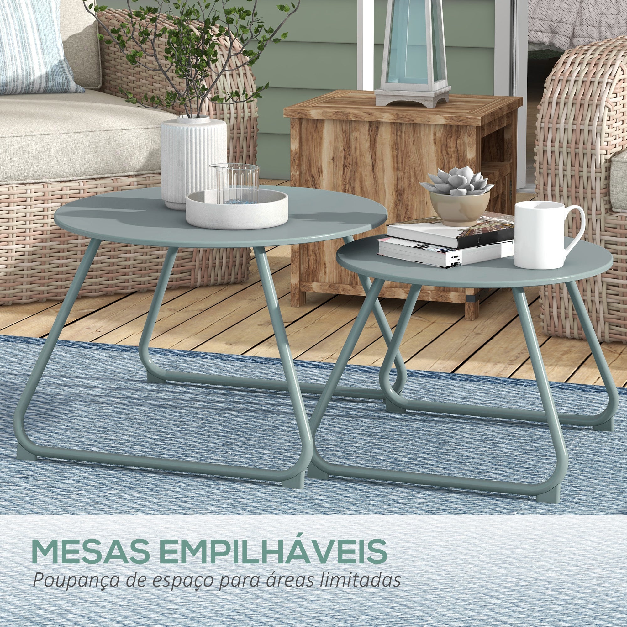 Conjunto de 2 Mesas de Jardim Empilháveis Azuis Ø60x41 cm
