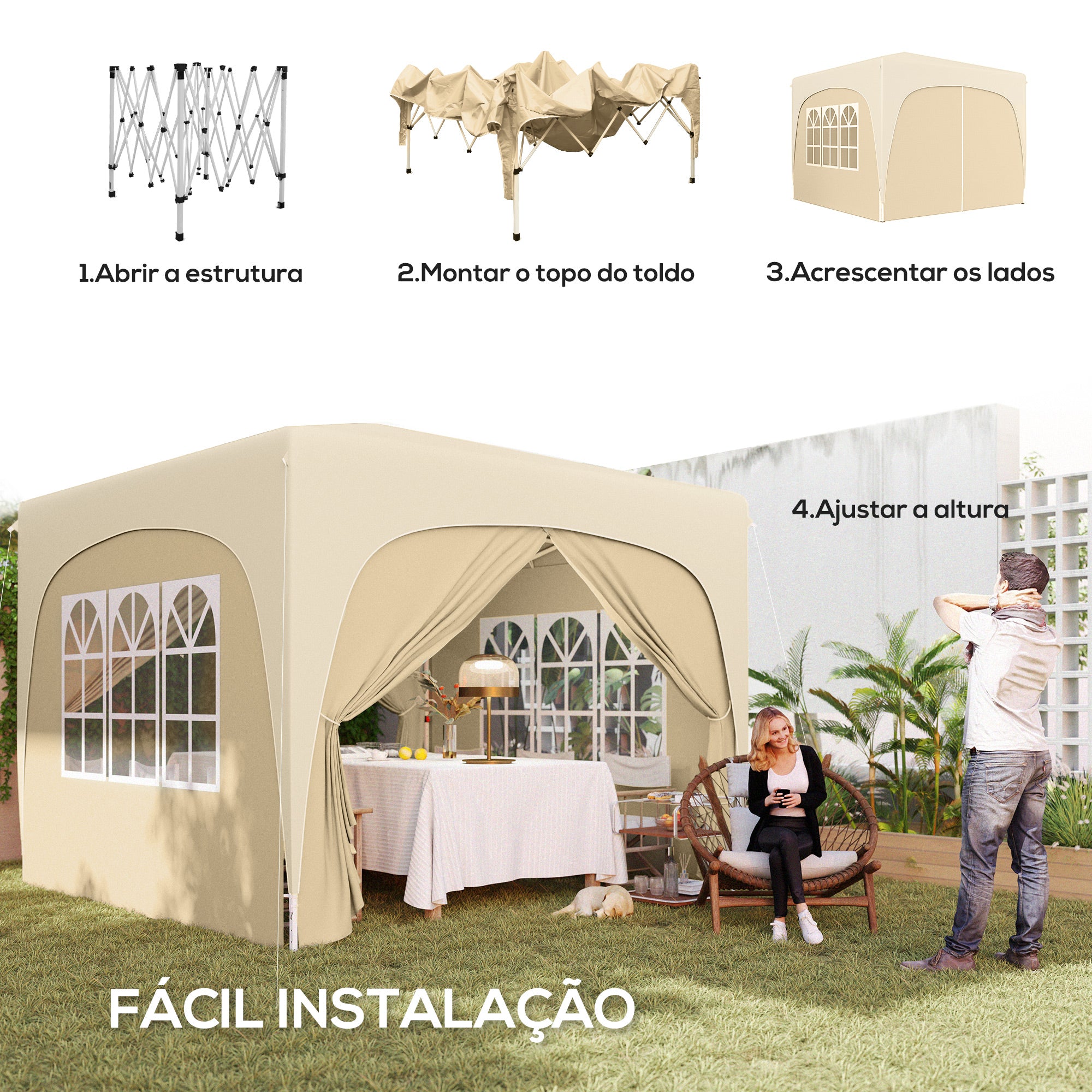 Tenda Dobrável 3x3 m Cor de Areia - Medidas 300x300x273 cm