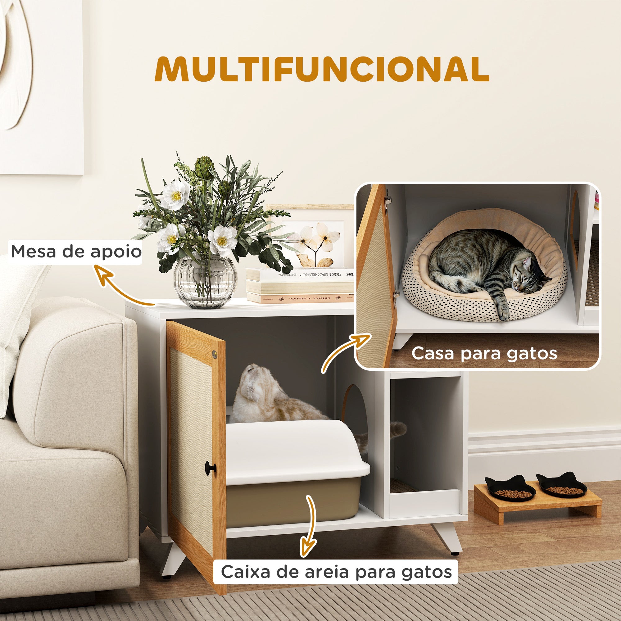 Móvel Caixa de Areia para Gatos – 77x50x63 cm – Branco – Melamina de madeira