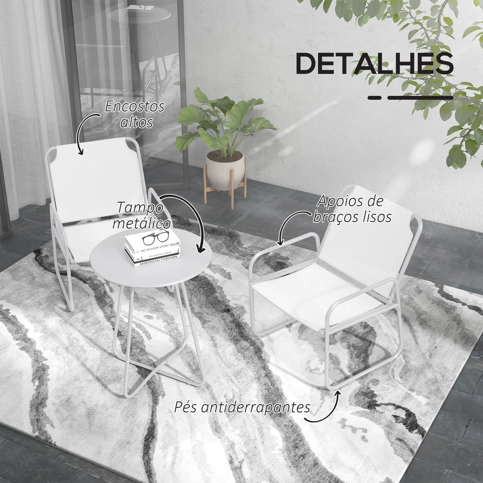 Conjunto de Móveis de Jardim Mesa Redonda e 2 Cadeiras Varanda Branco 63x57x82 cm