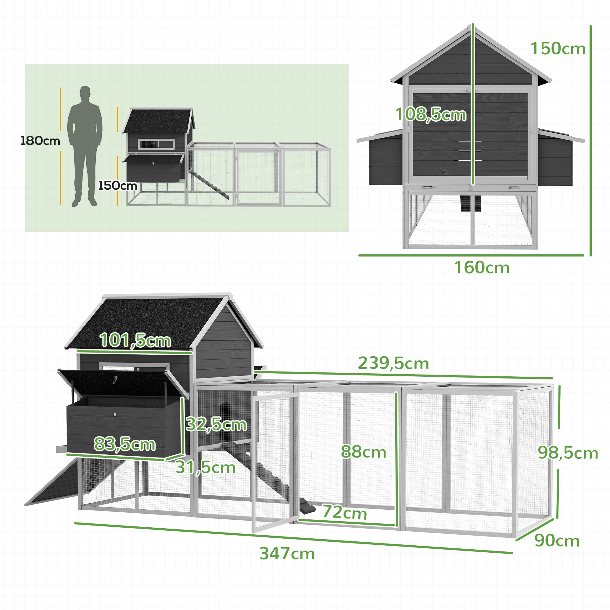 Galinheiro de Exterior Grande – 347x160x150 cm – Cinza – Madeira de abeto e arame metálico