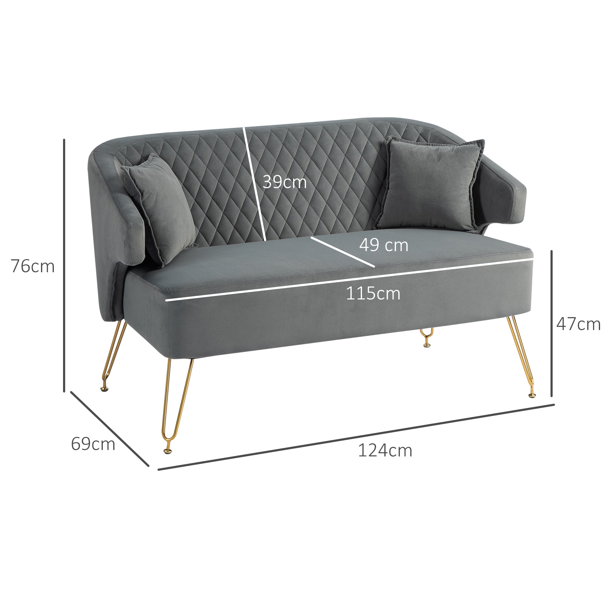 Sofá de 2 Lugares – 124x69x76 cm – Cinza – Veludo